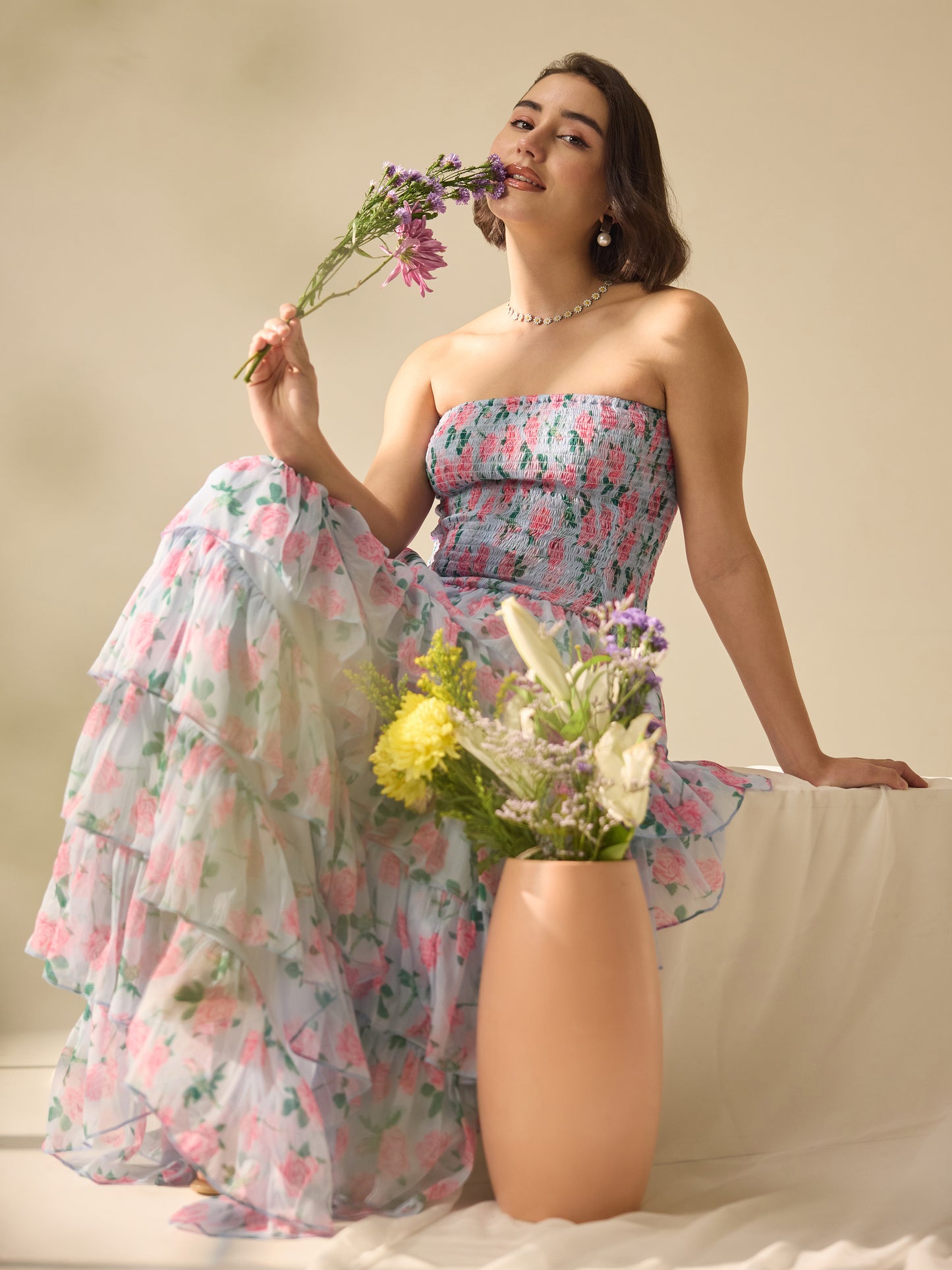 Flower-street strapless layer dress