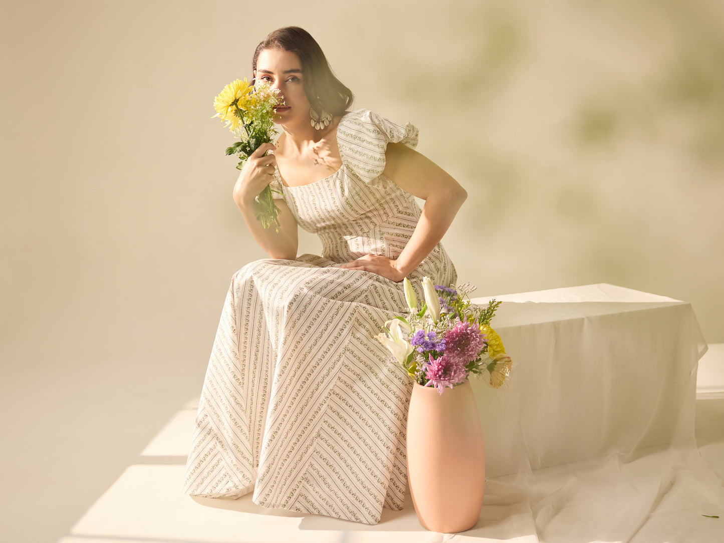 Apple-picker puff sleeve fullgown cotton dress