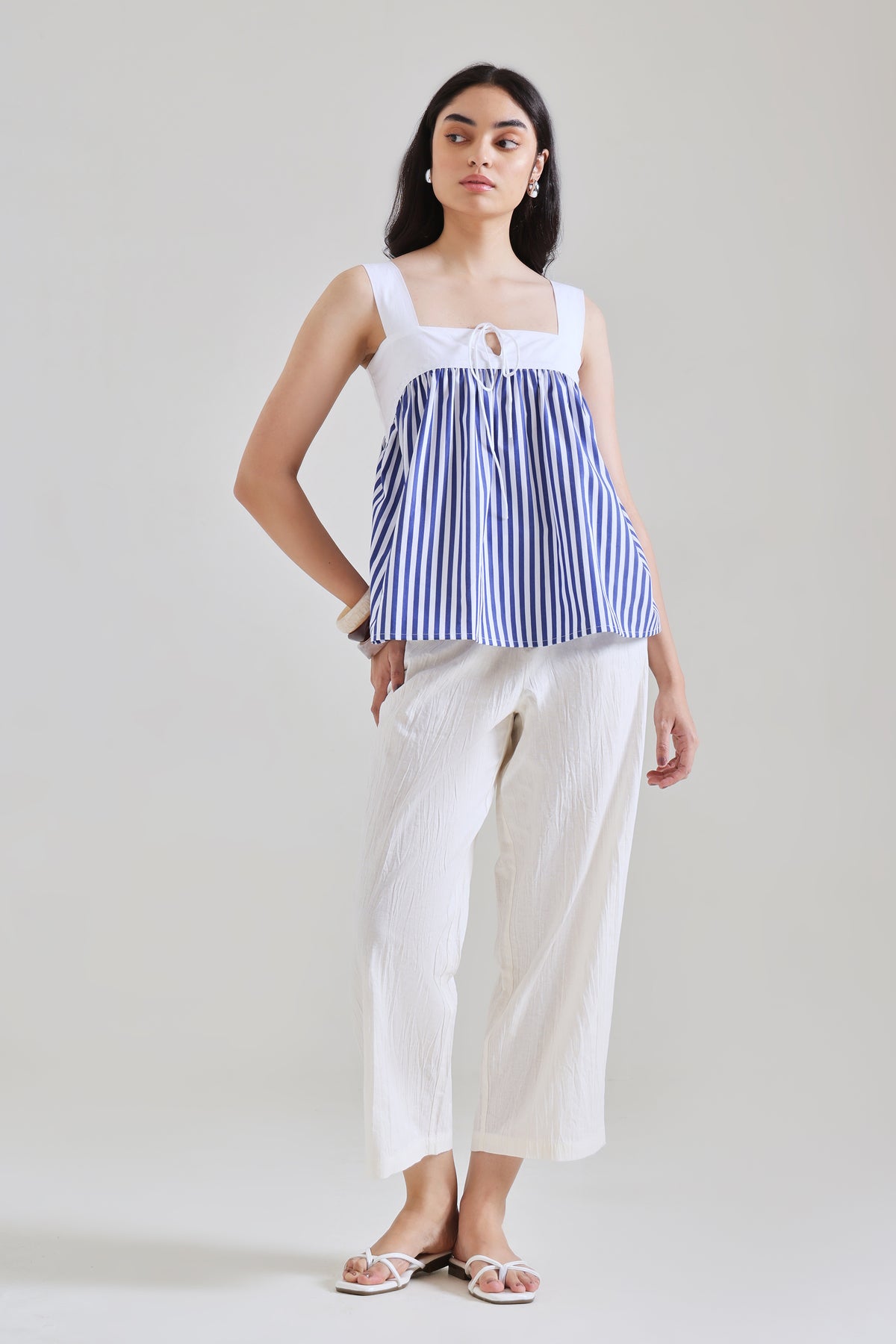 Blue Stripe Cotton Gathered Top