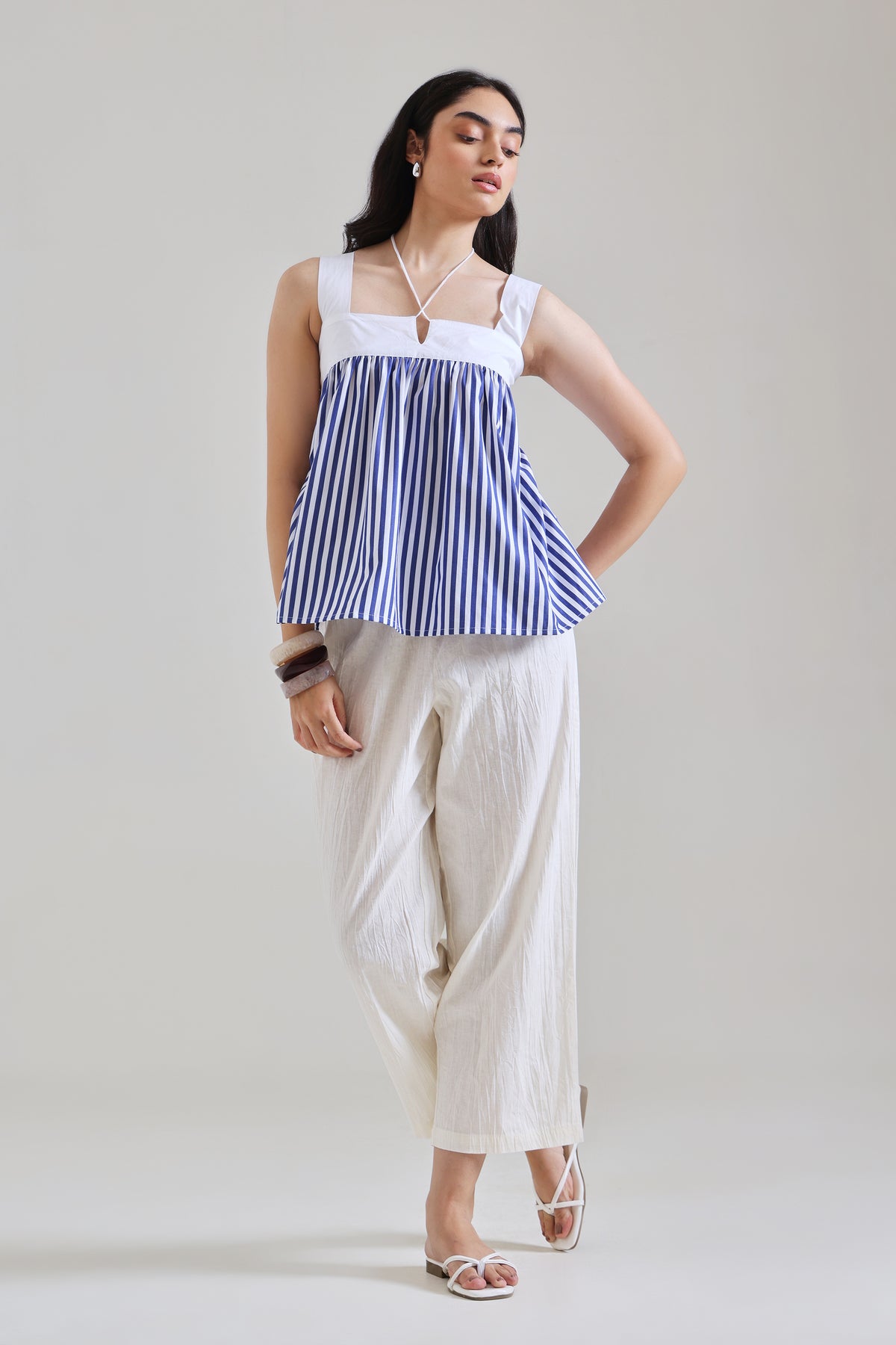 Blue Stripe Cotton Gathered Top