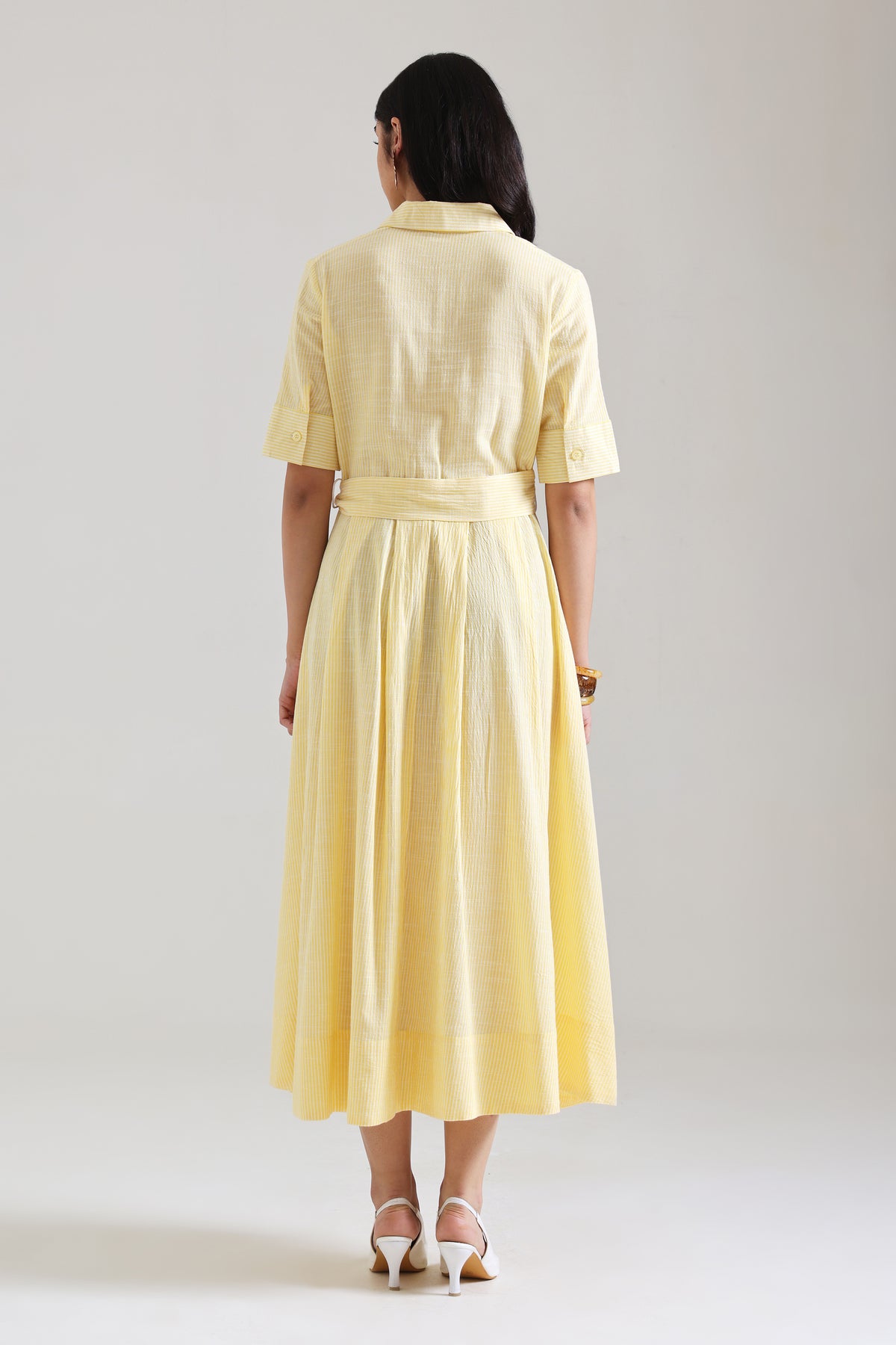 Yellow Stripe Cotton Belted Shirt Dress with Pockets