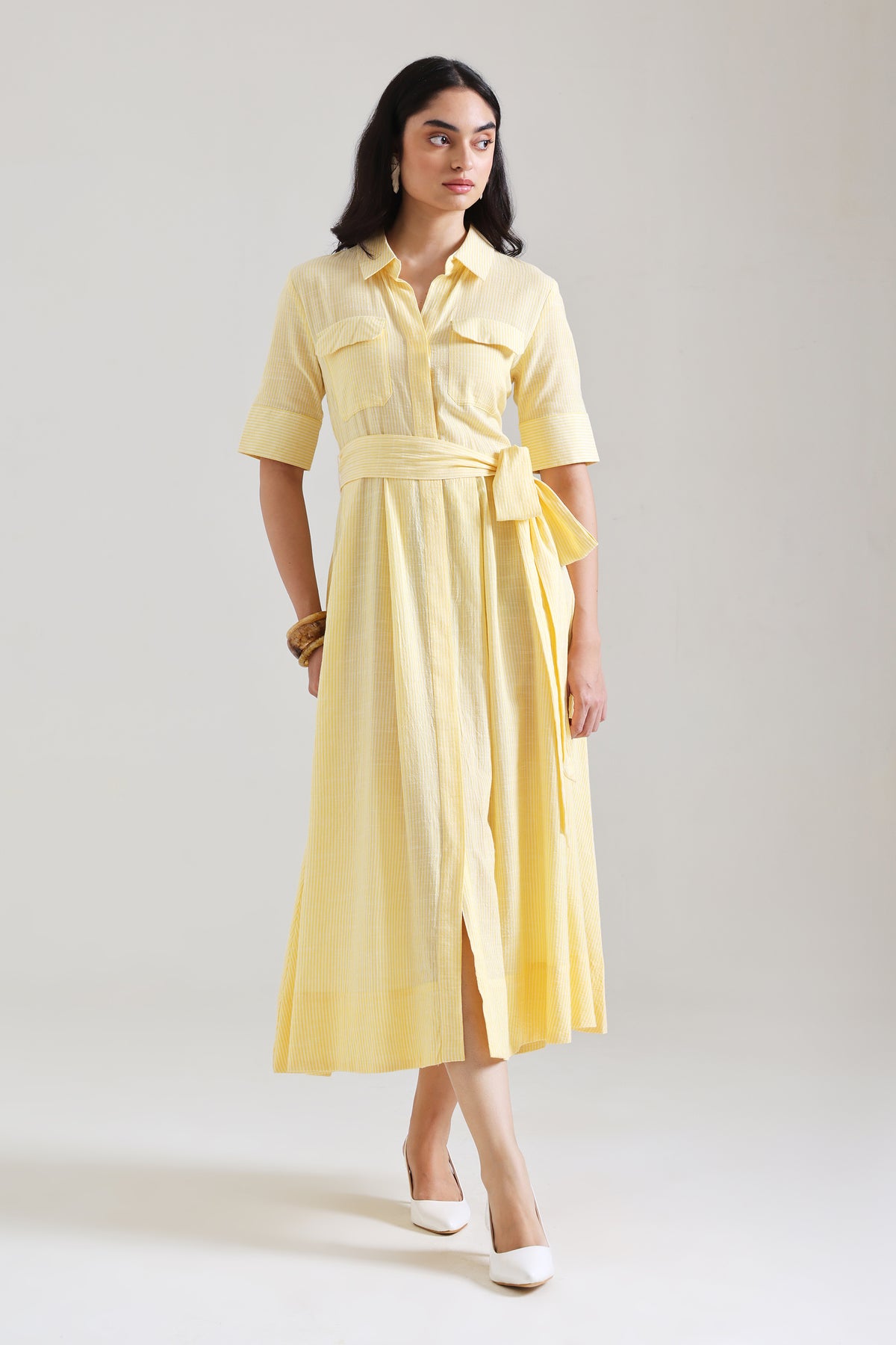 Yellow Stripe Cotton Belted Shirt Dress with Pockets