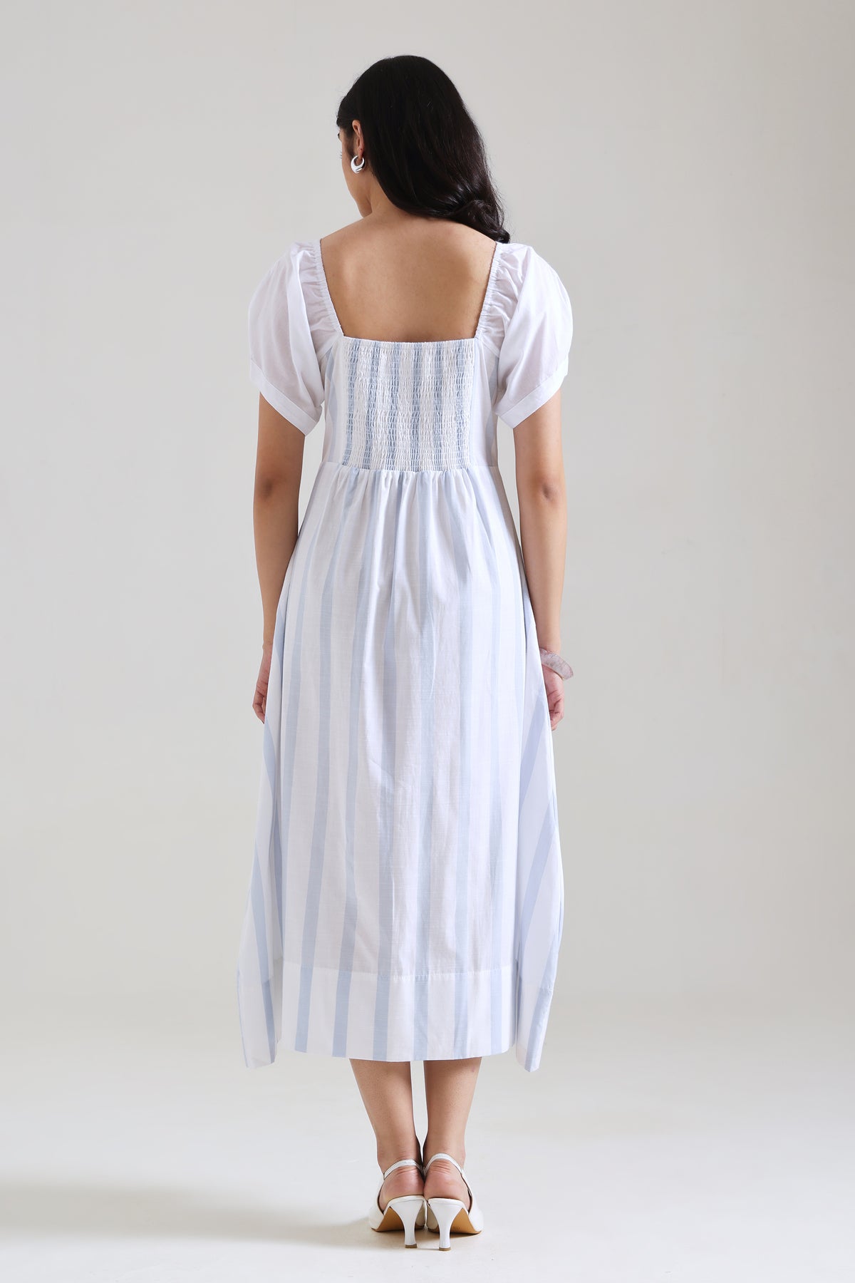 Blue Stripe Puff Sleeve Midi Dress