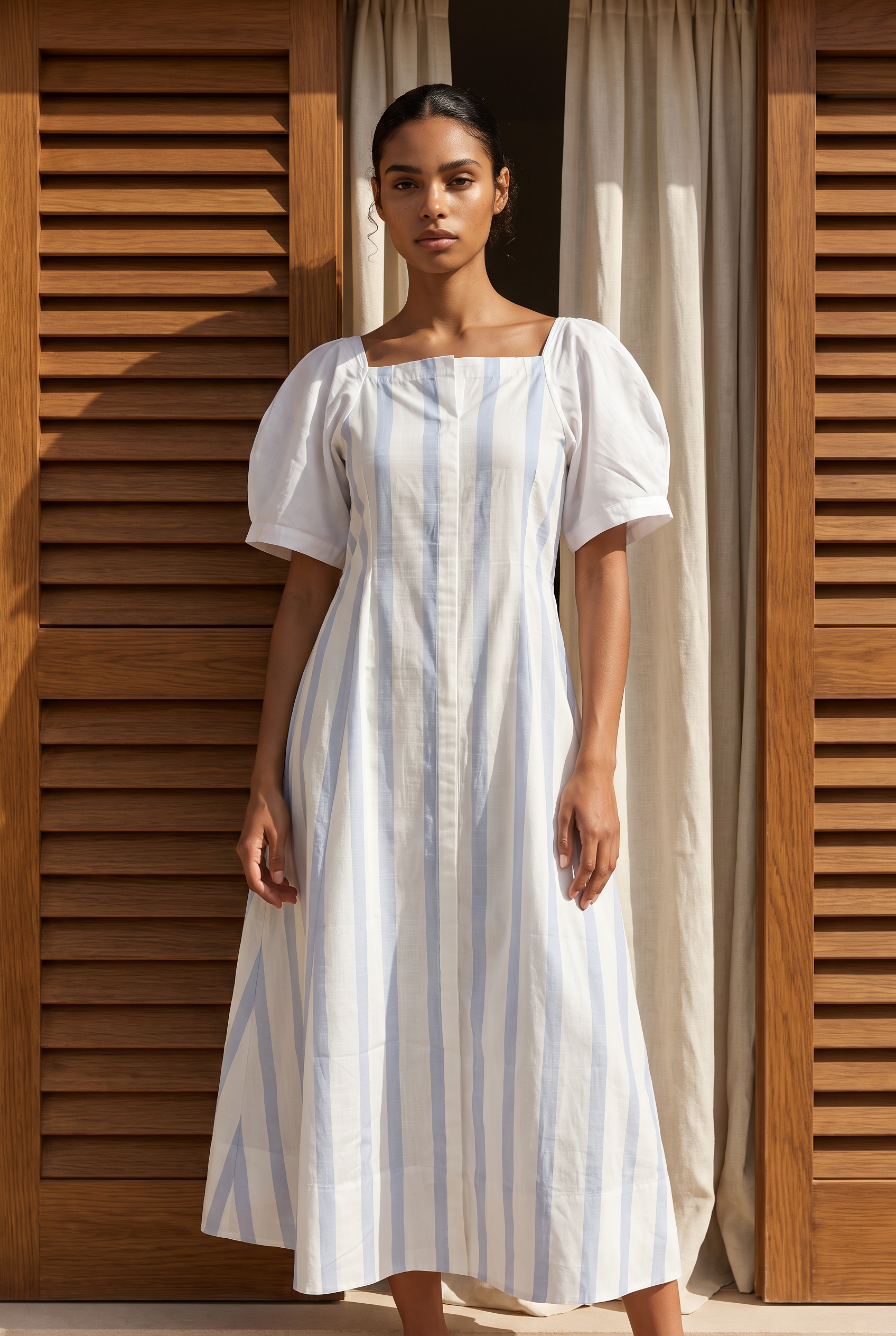 Blue Stripe Puff Sleeve Midi Dress