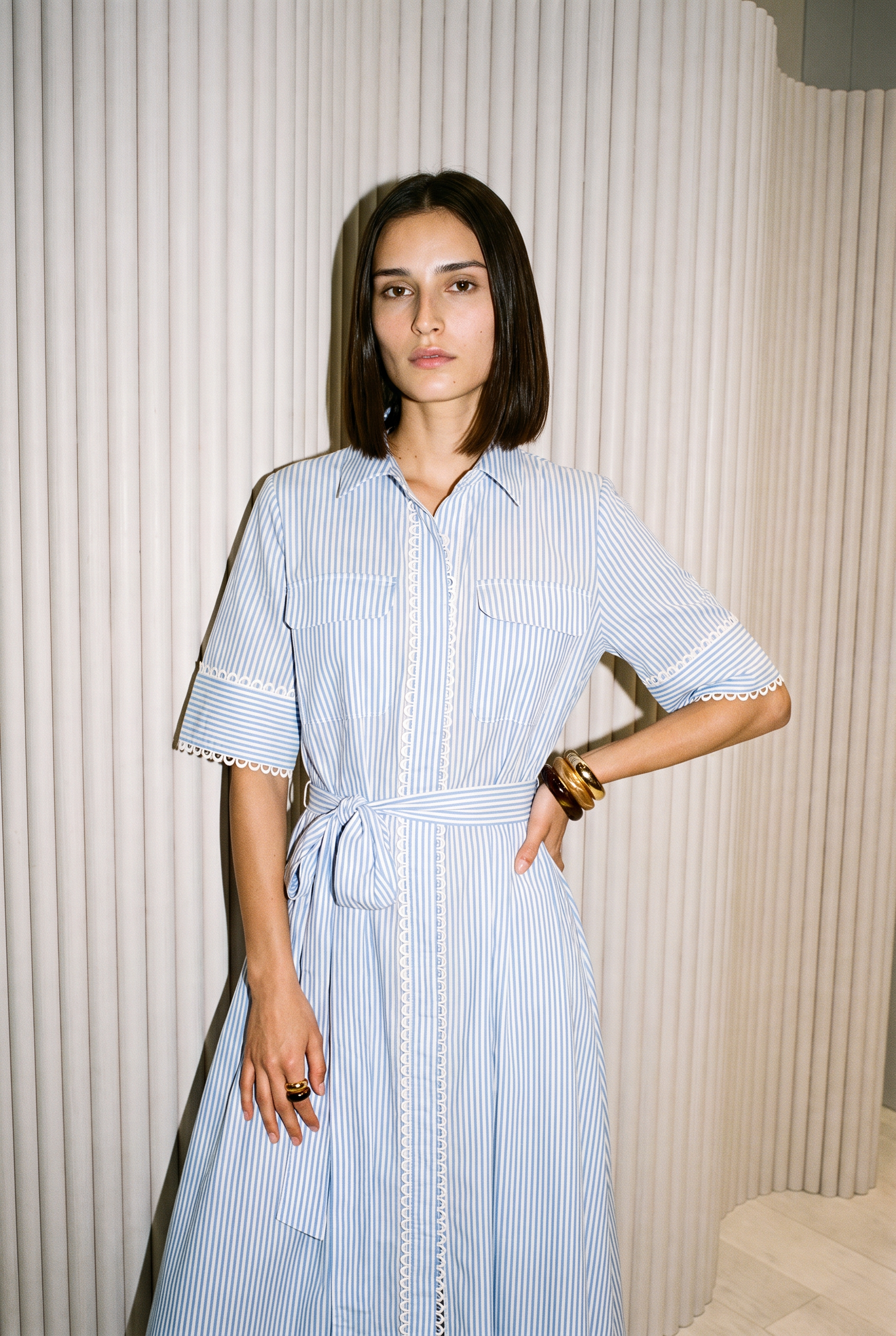 Blue Stripe Belted Shirt Midi Dress