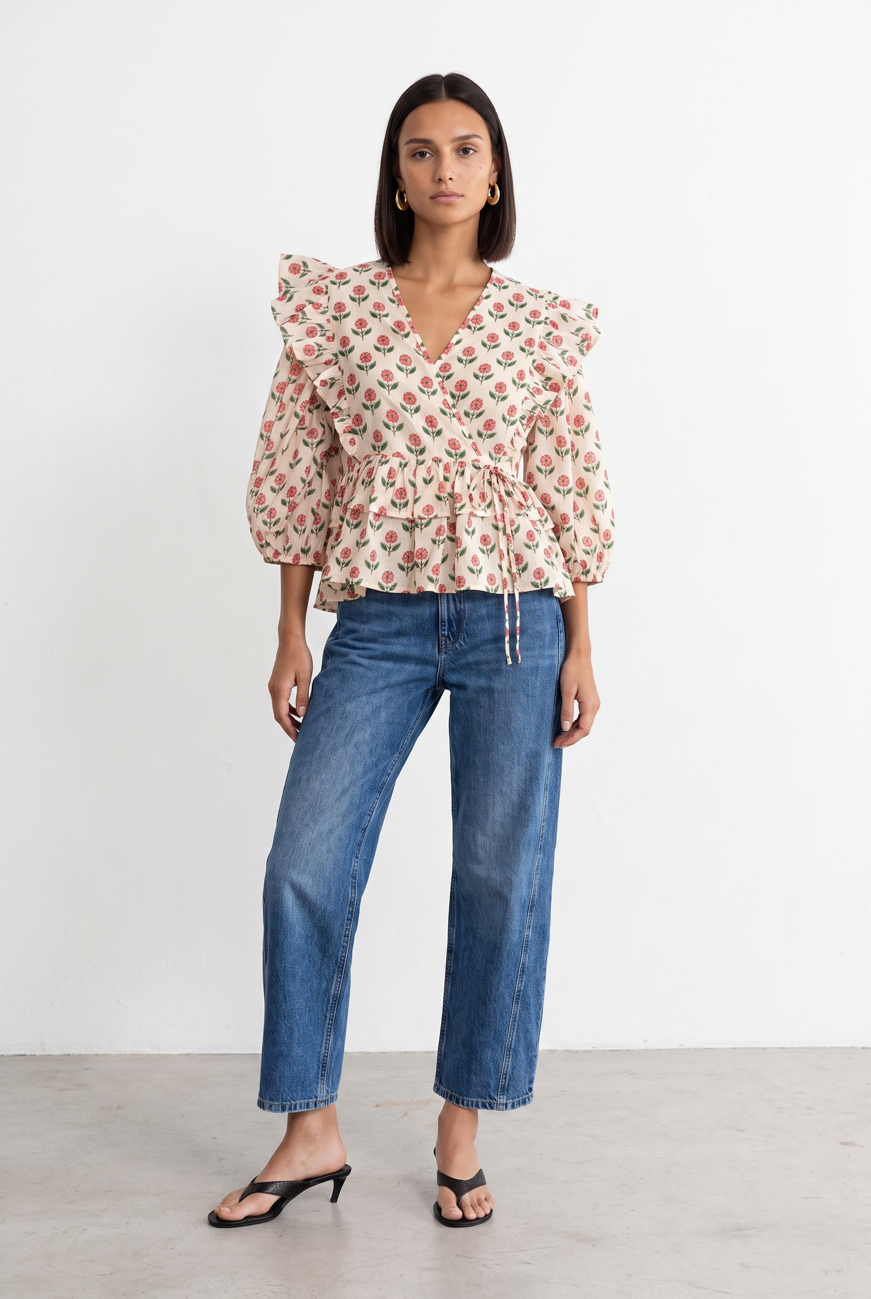 Cotton Ruffle Shoulder Peplum Top
