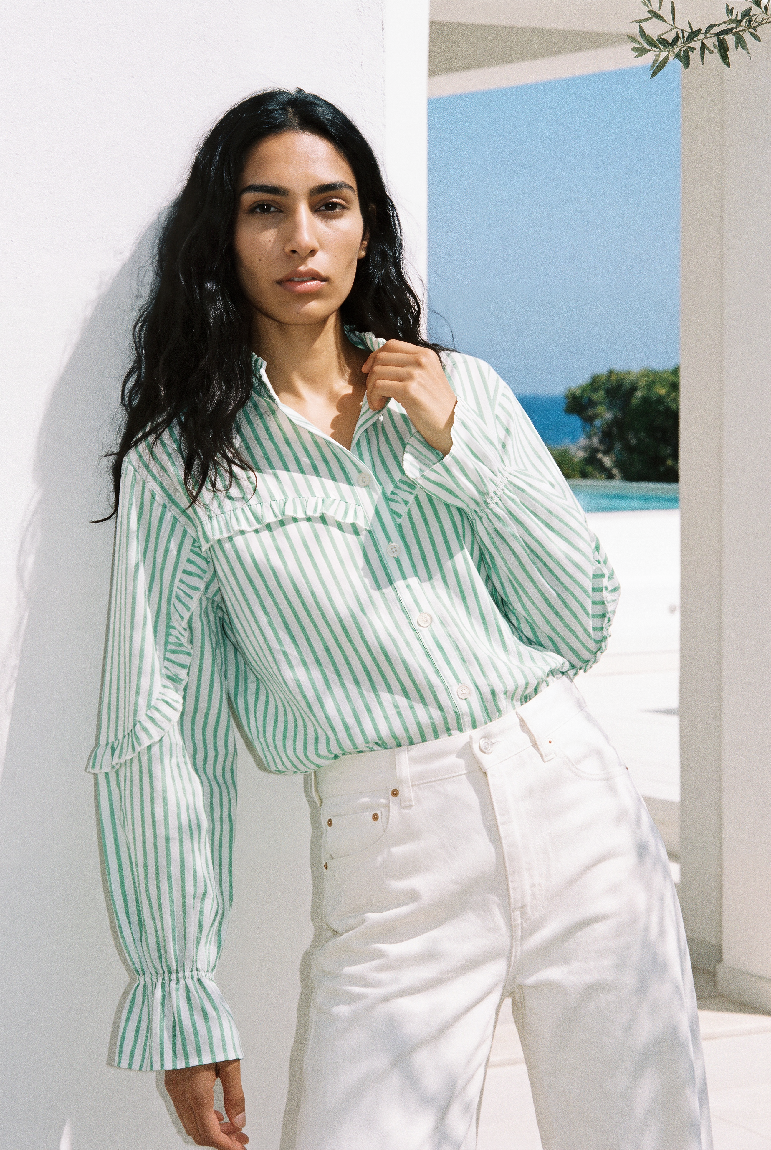 Green Stripe Ruffle Shirt