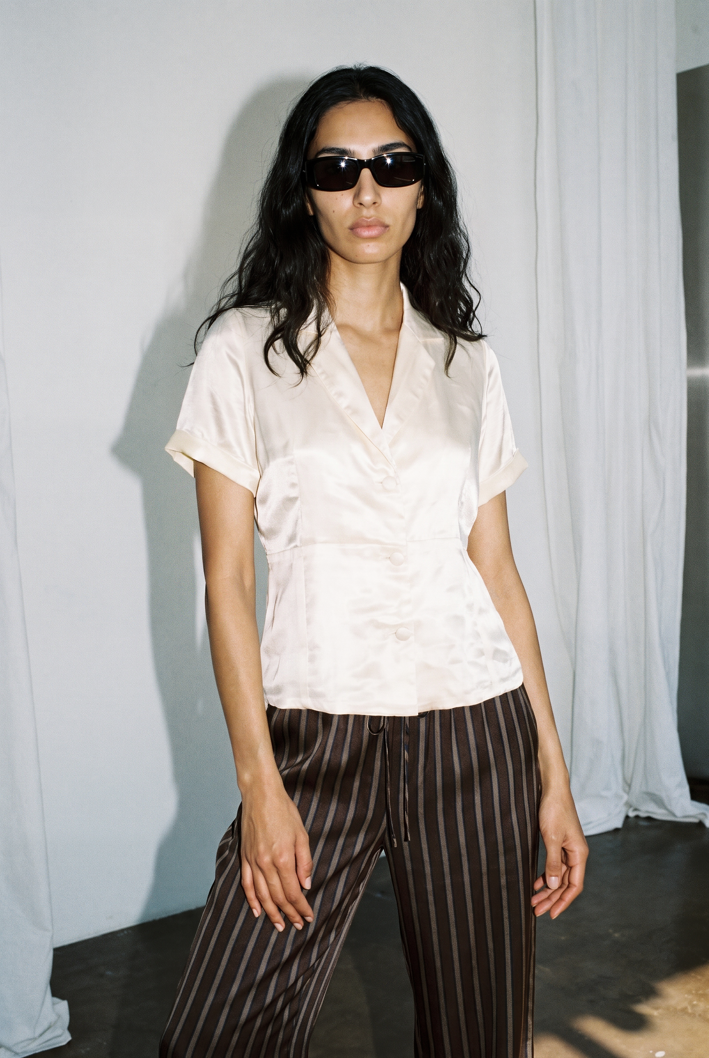 Cream Satin Short Sleeve Blazer Top