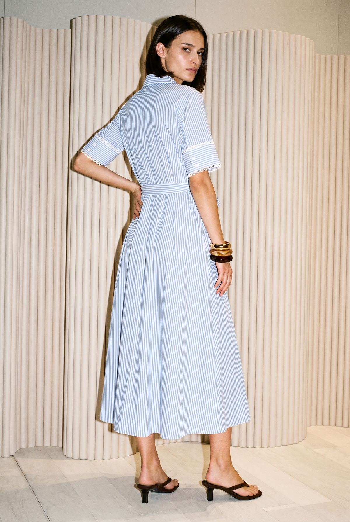 Blue Stripe Belted Shirt Midi Dress