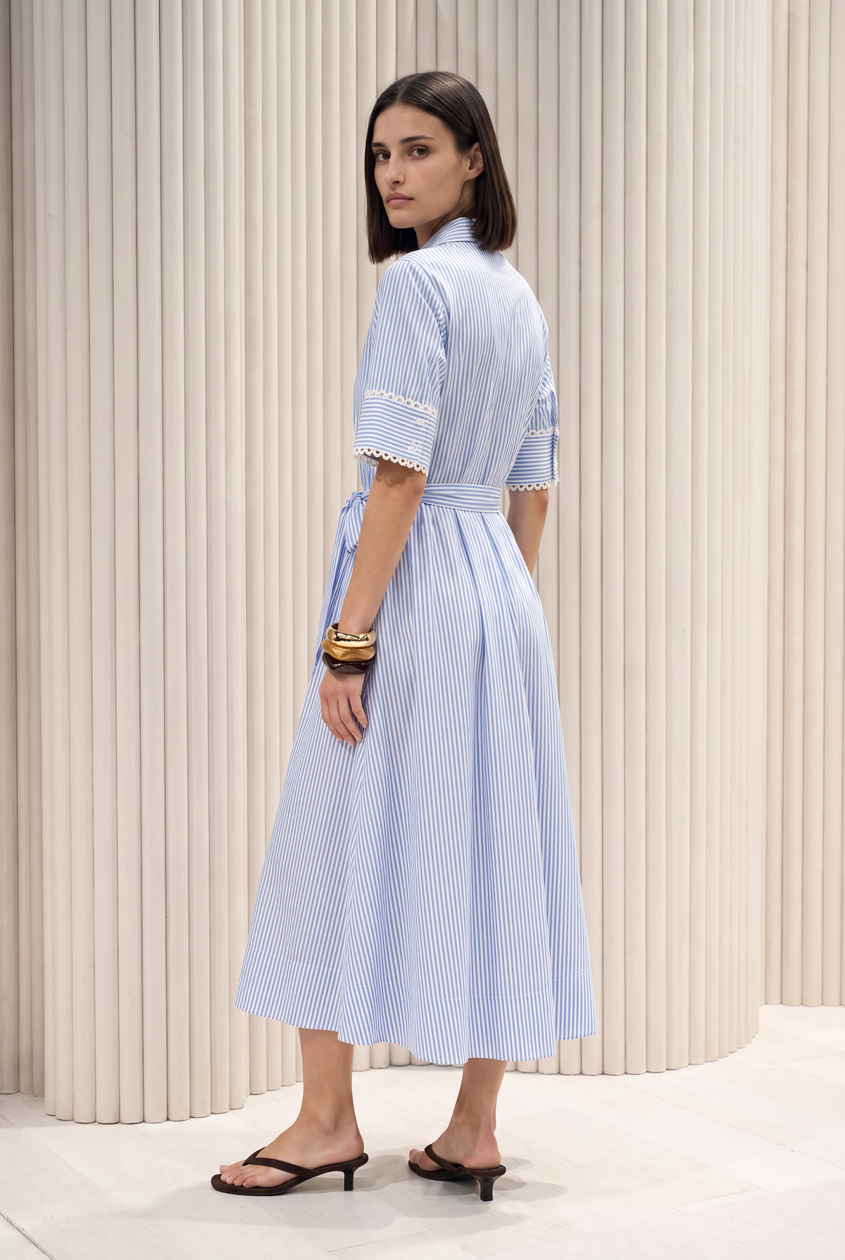 Blue Stripe Belted Shirt Midi Dress