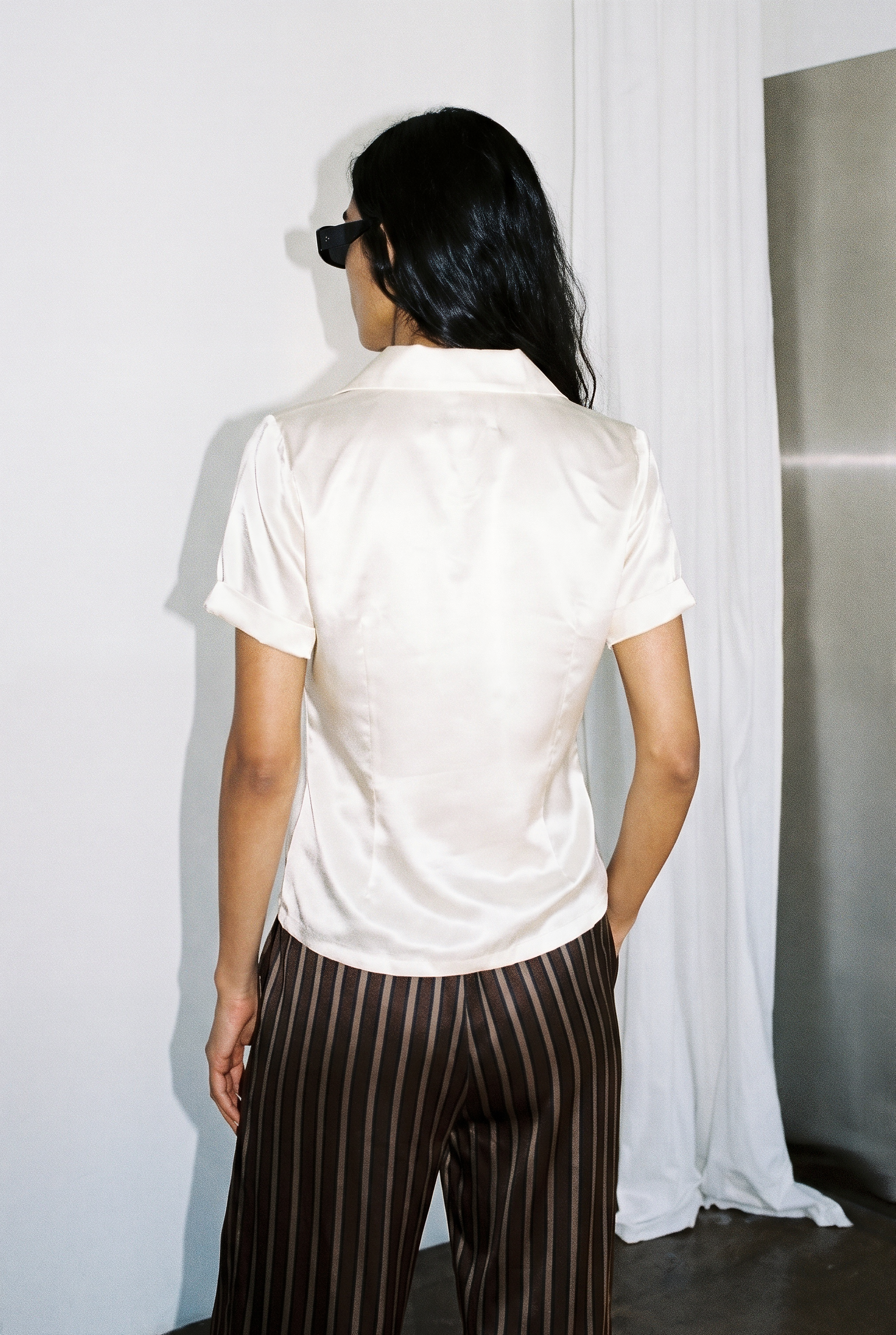 Cream Satin Short Sleeve Blazer Top