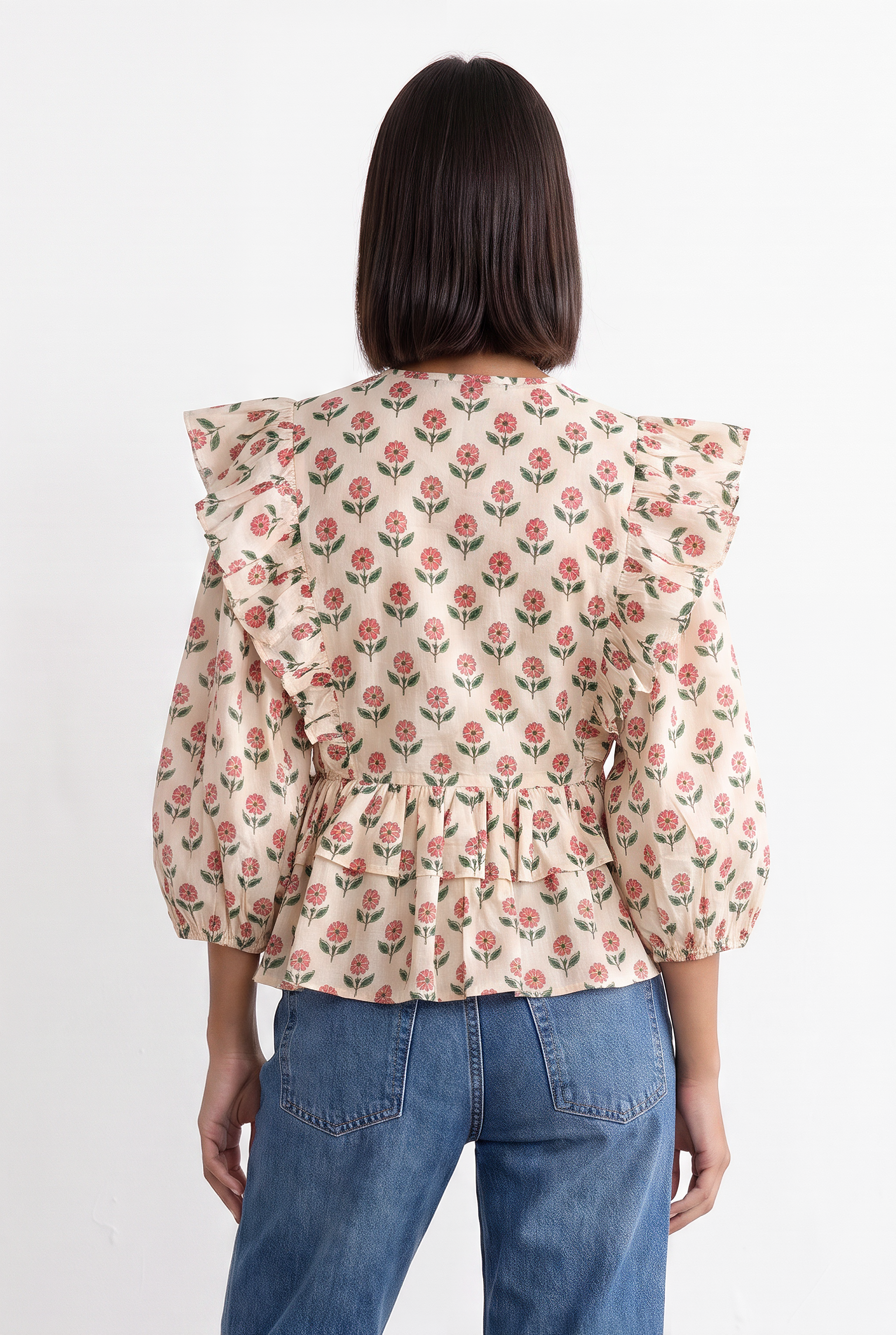 Cotton Ruffle Shoulder Peplum Top
