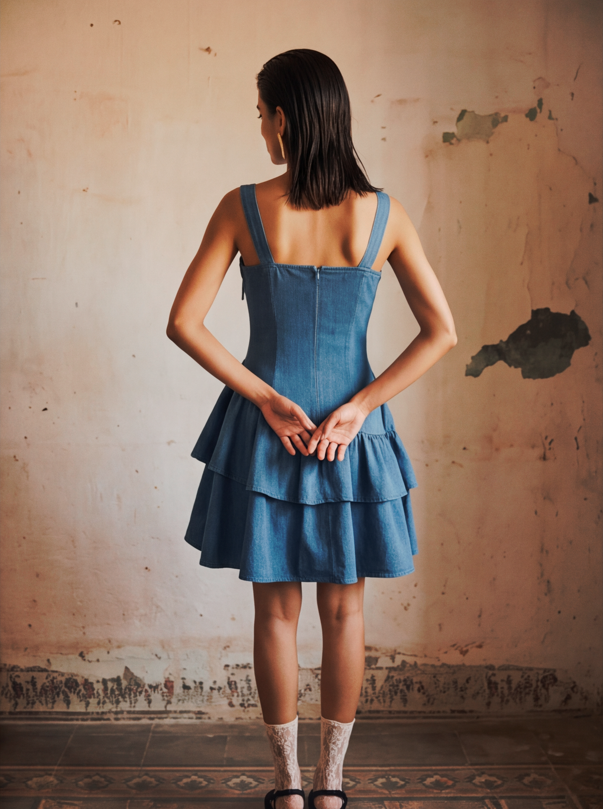 Denim Bow Tiered Mini Dress