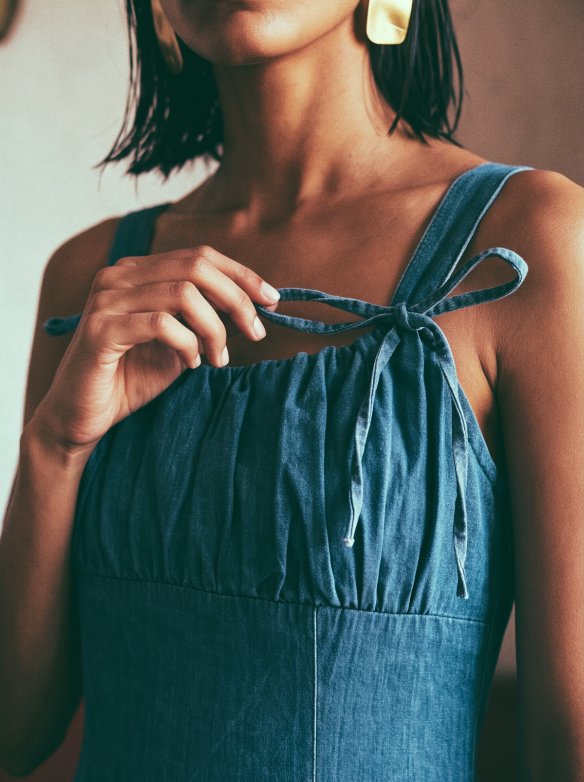 Denim Bow Tiered Mini Dress