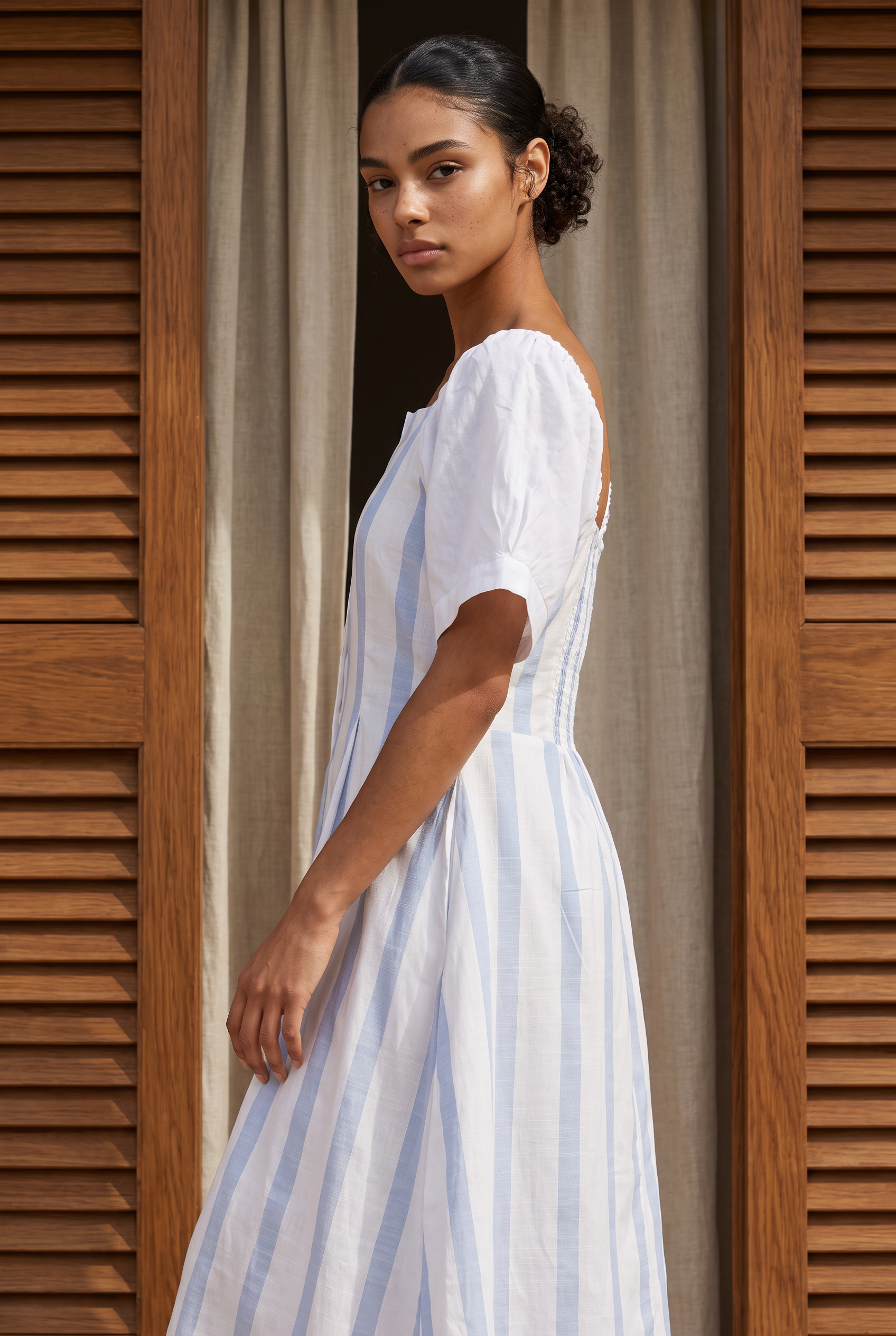 Blue Stripe Puff Sleeve Midi Dress