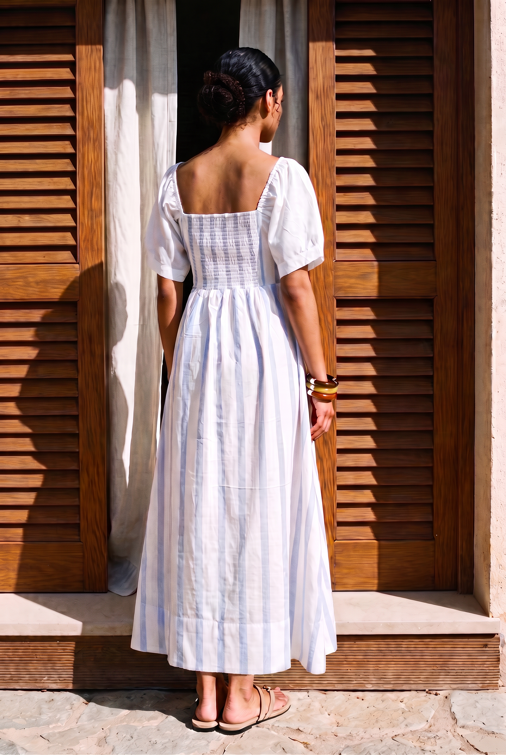Blue Stripe Puff Sleeve Midi Dress