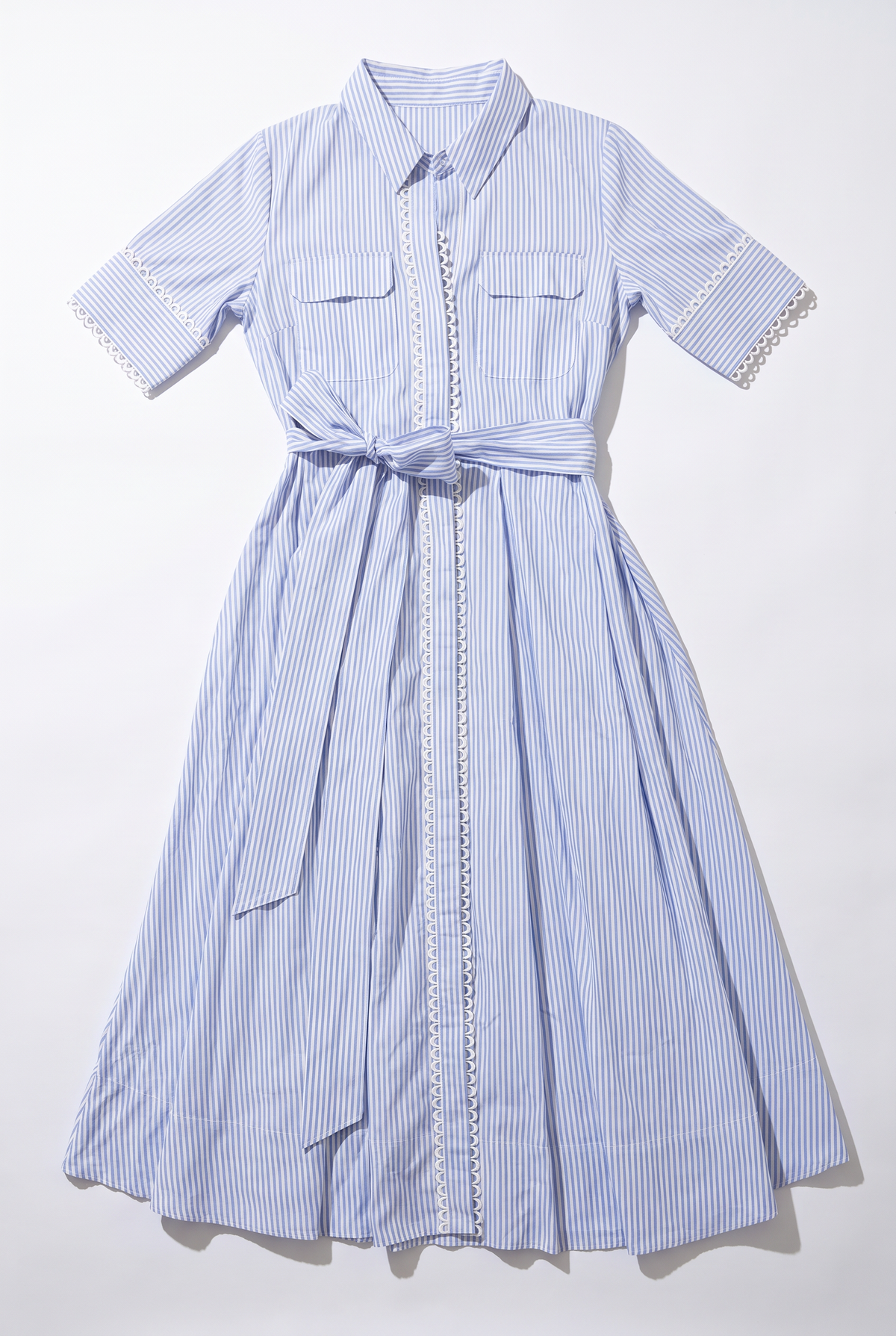Blue Stripe Belted Shirt Midi Dress