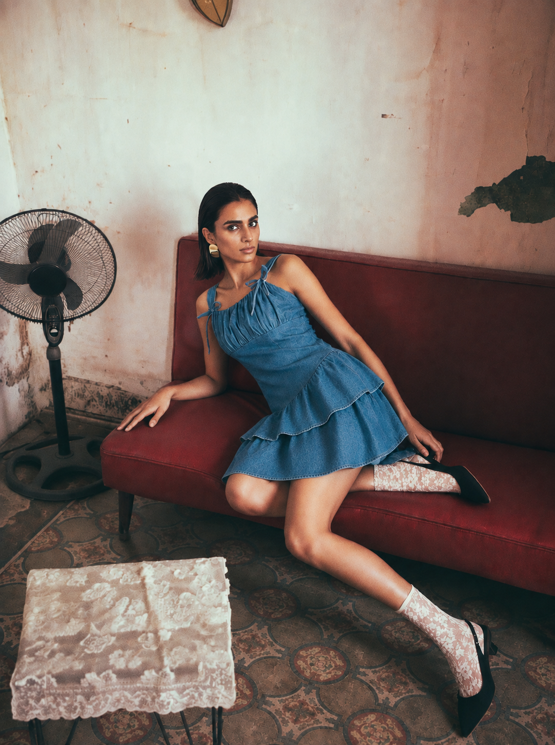 Denim Bow Tiered Mini Dress