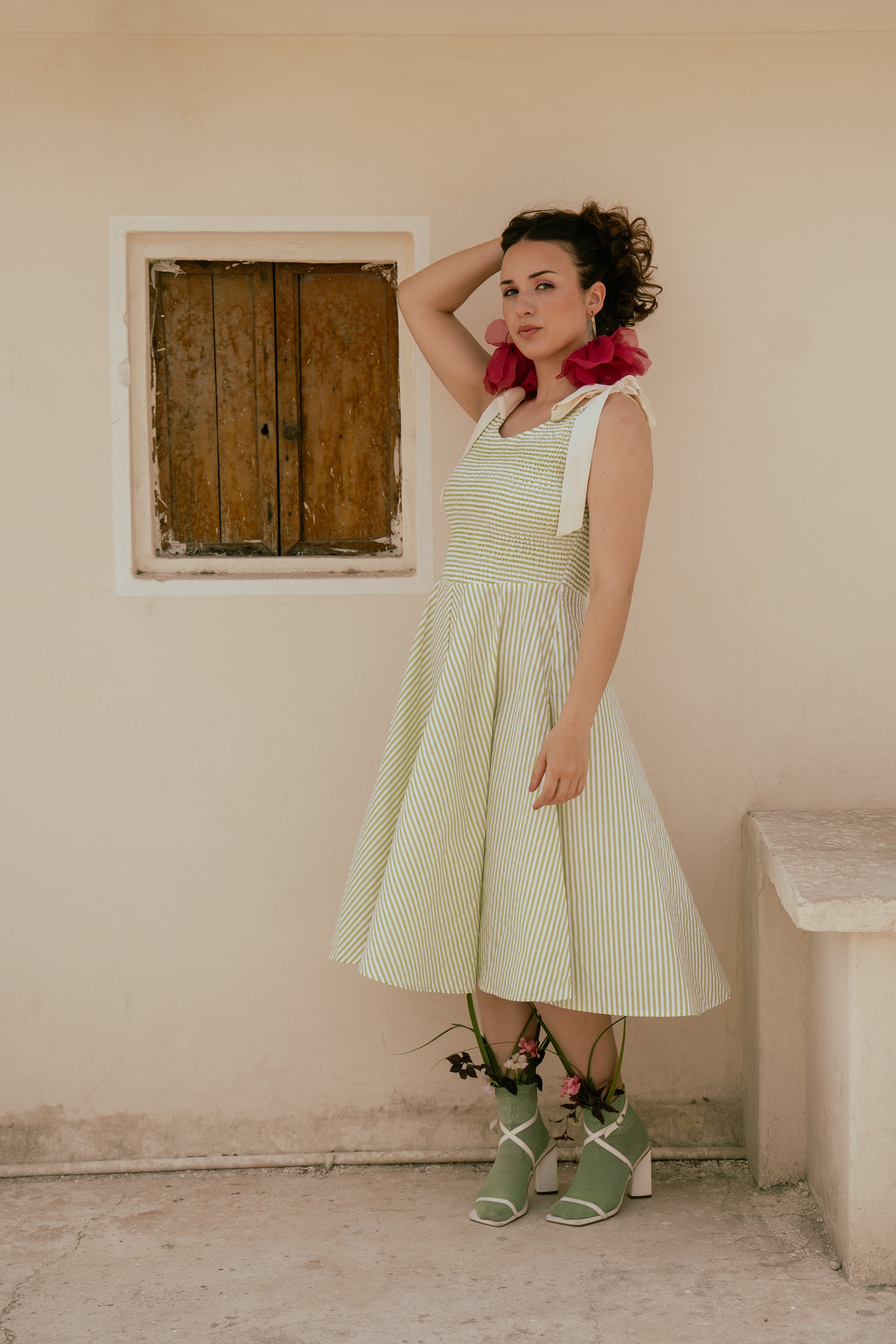 Lime Stripe Tie-Up Midi Dress