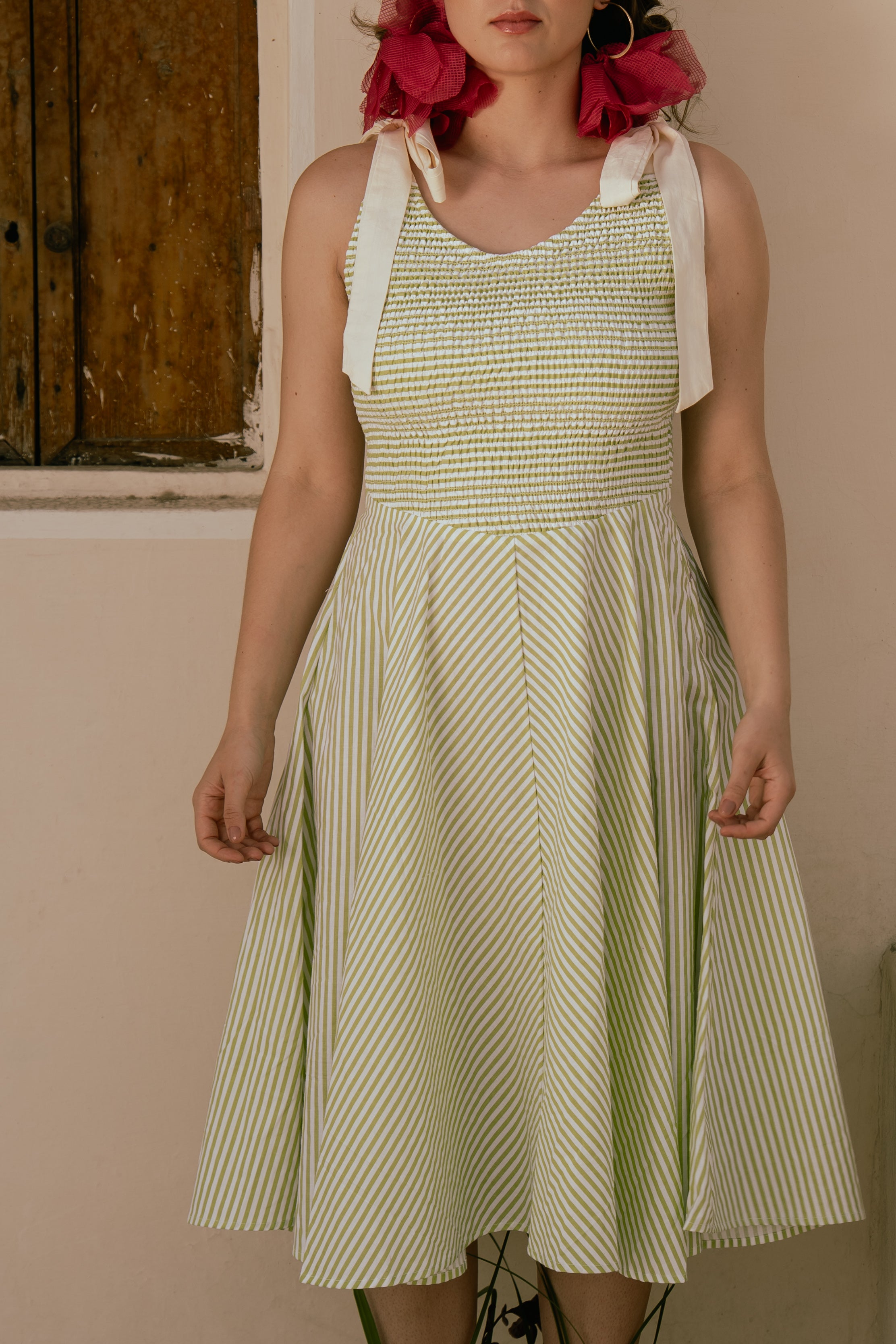 Lime Stripe Tie-Up Midi Dress