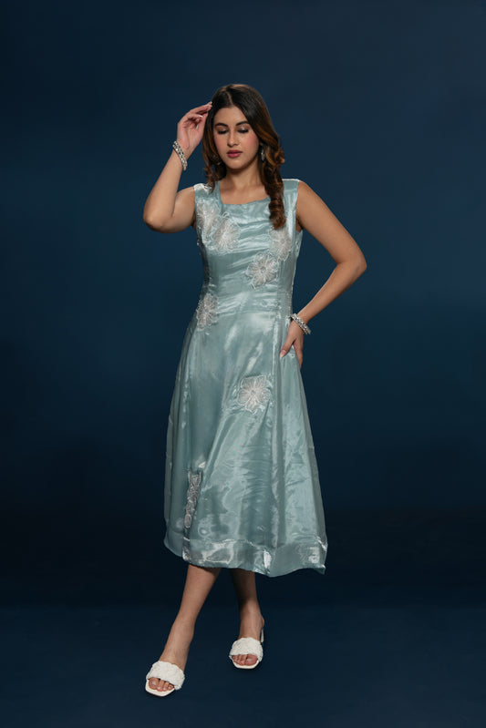 Teal Organza Embroidered Dress