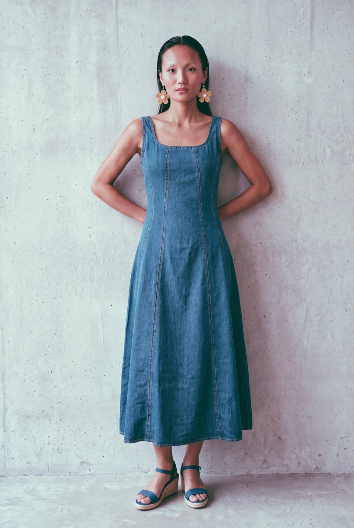 Blue Denim Princess Seam Fitted Midi Dress