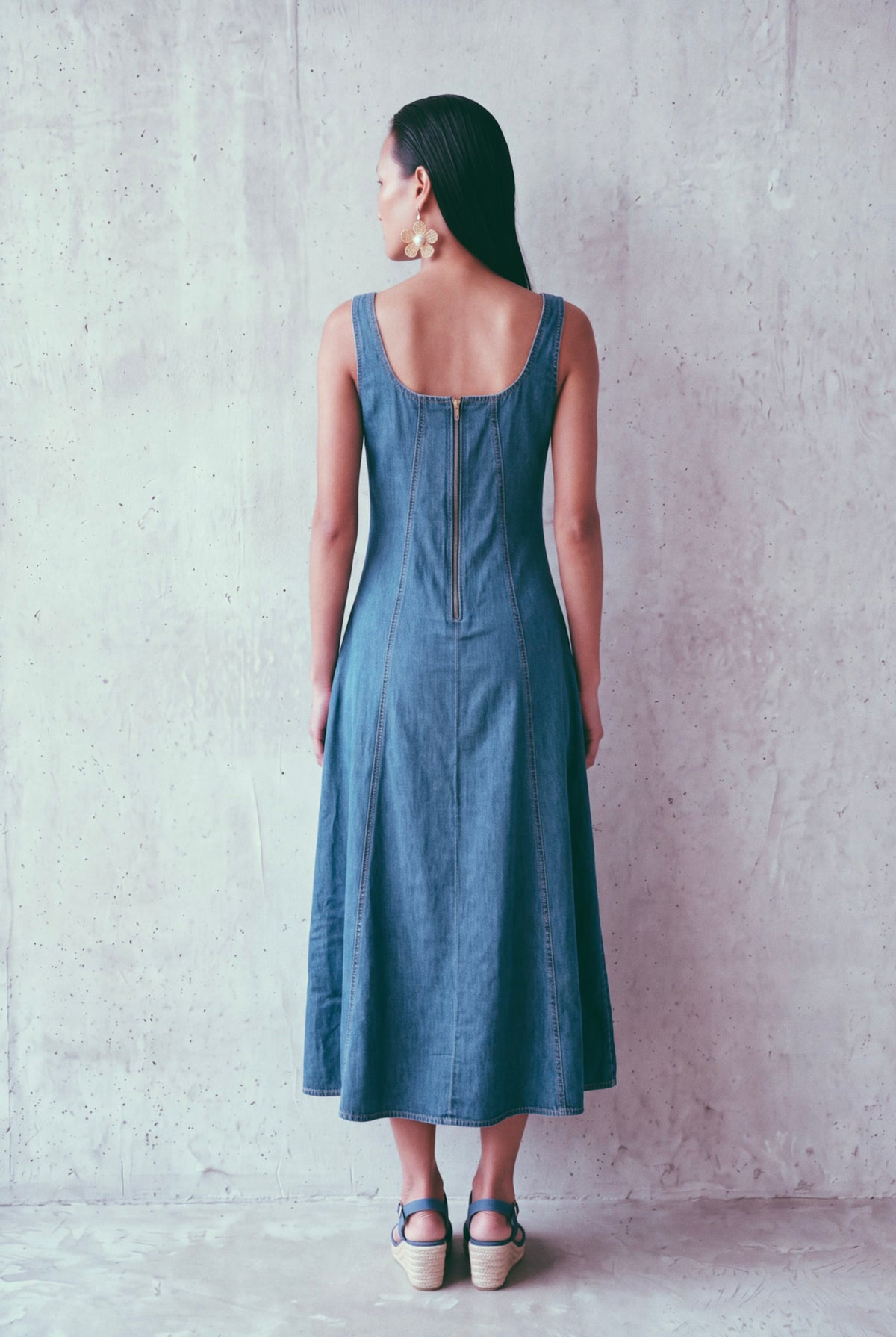 Blue Denim Princess Seam Fitted Midi Dress
