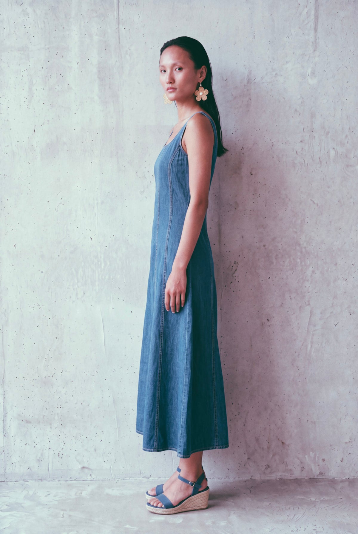 Blue Denim Princess Seam Fitted Midi Dress