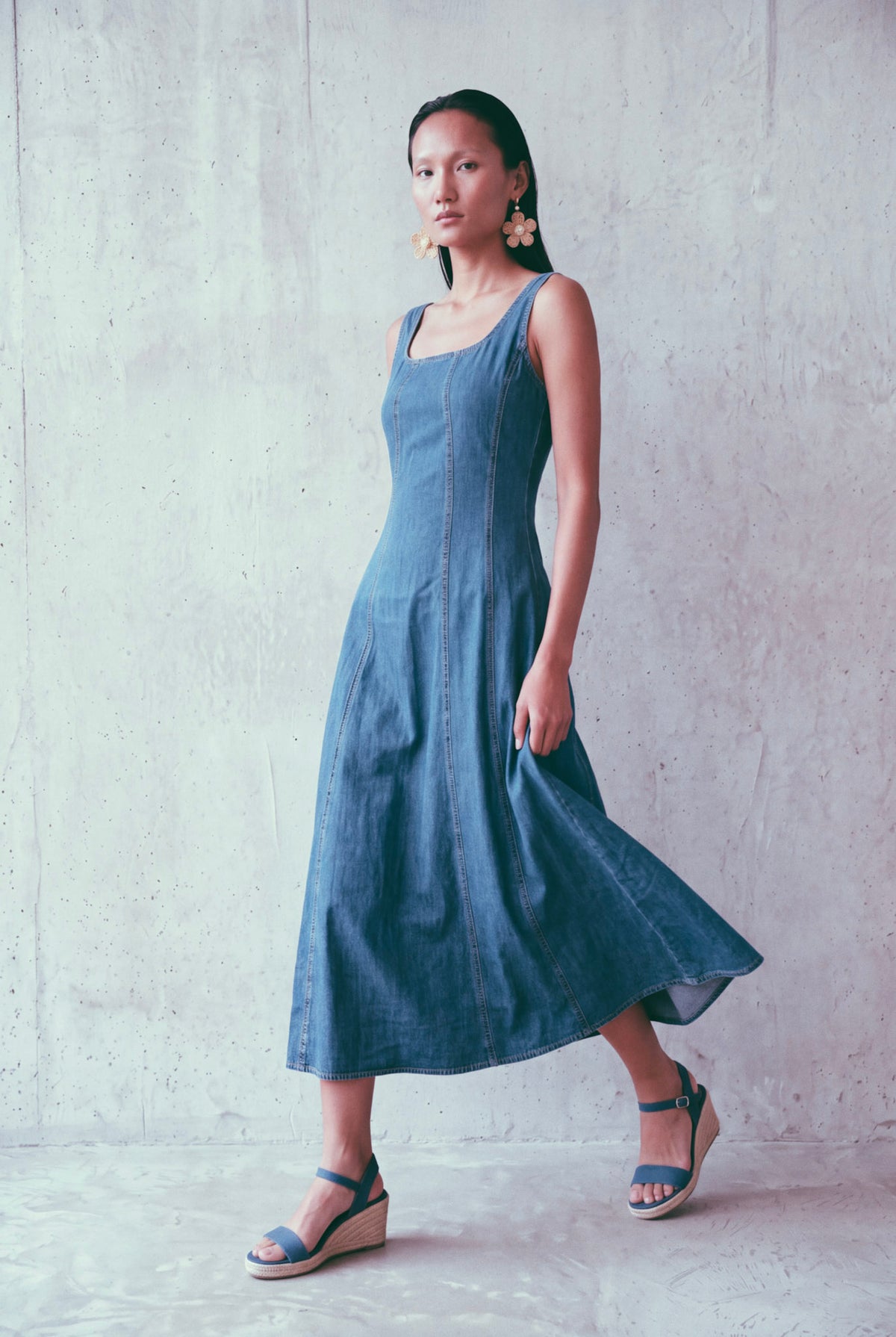 Blue Denim Princess Seam Fitted Midi Dress