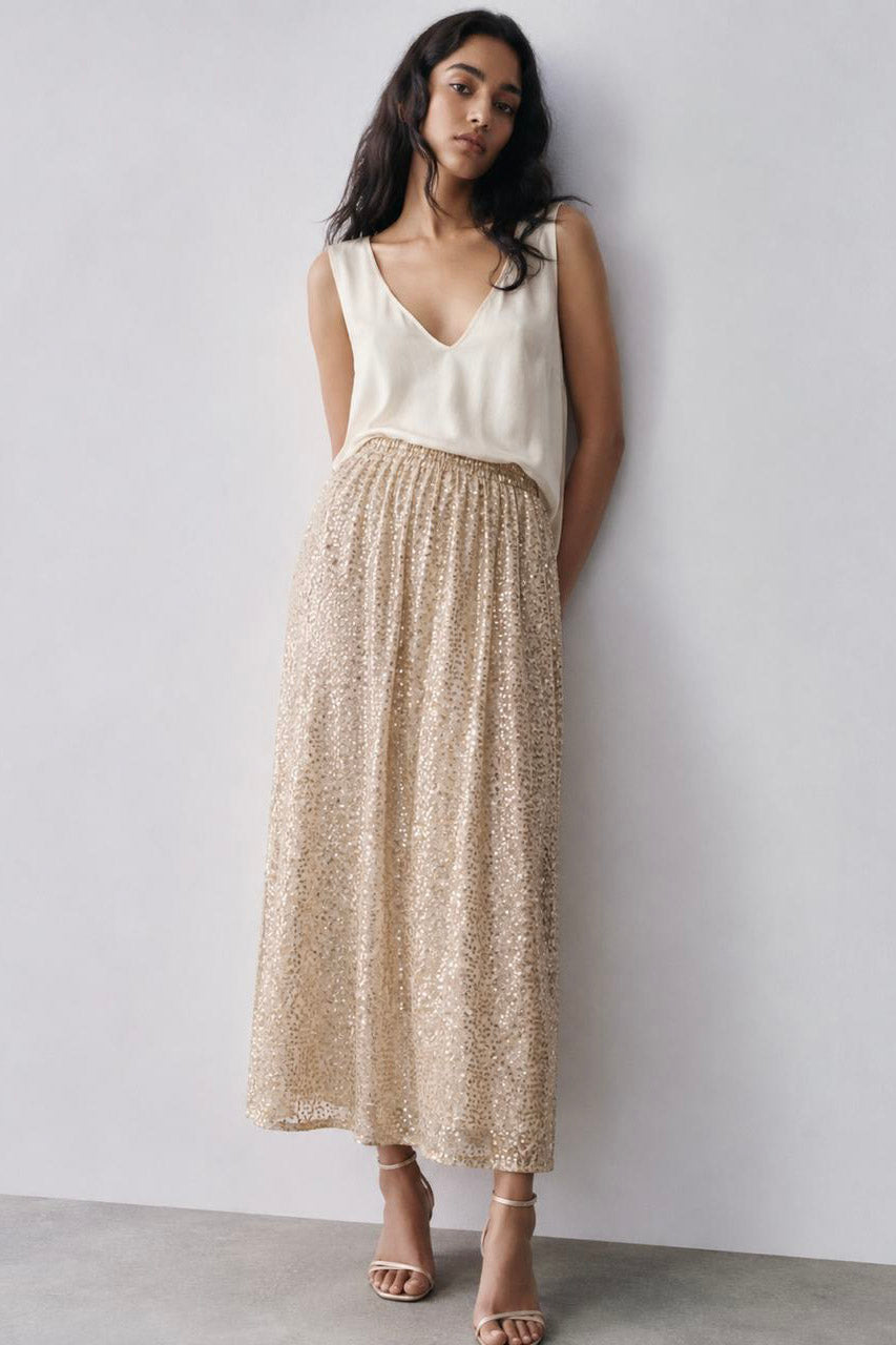 Sequin Embellished Satin Lined Maxi Skirt