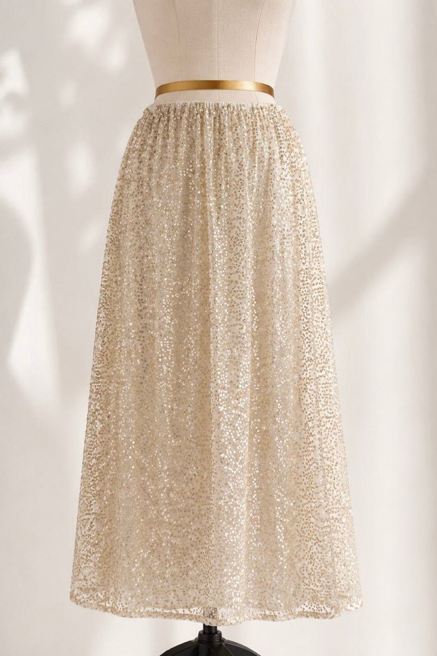 Sequin Embellished Satin Lined Maxi Skirt