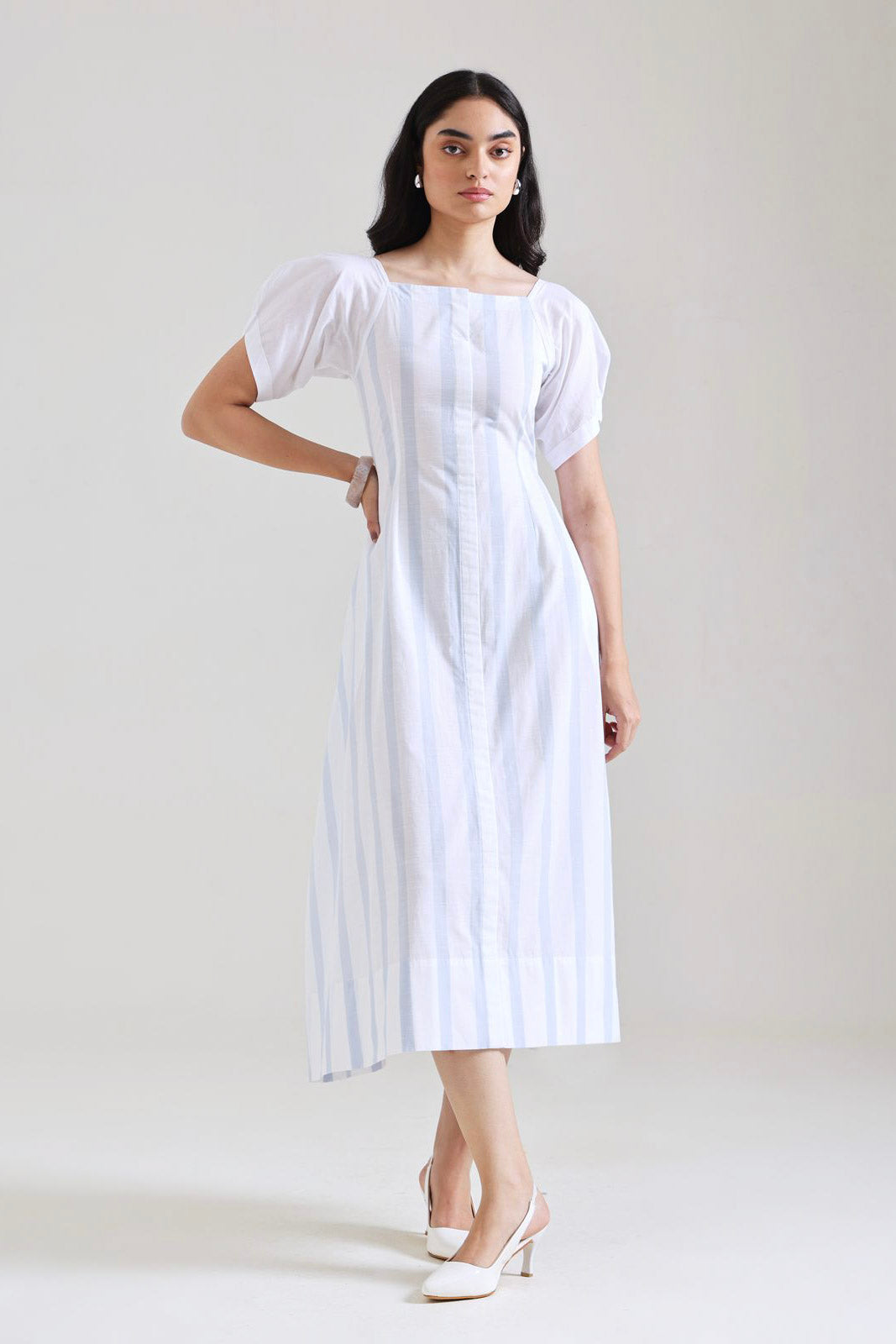 Blue Stripe Puff Sleeve Midi Dress