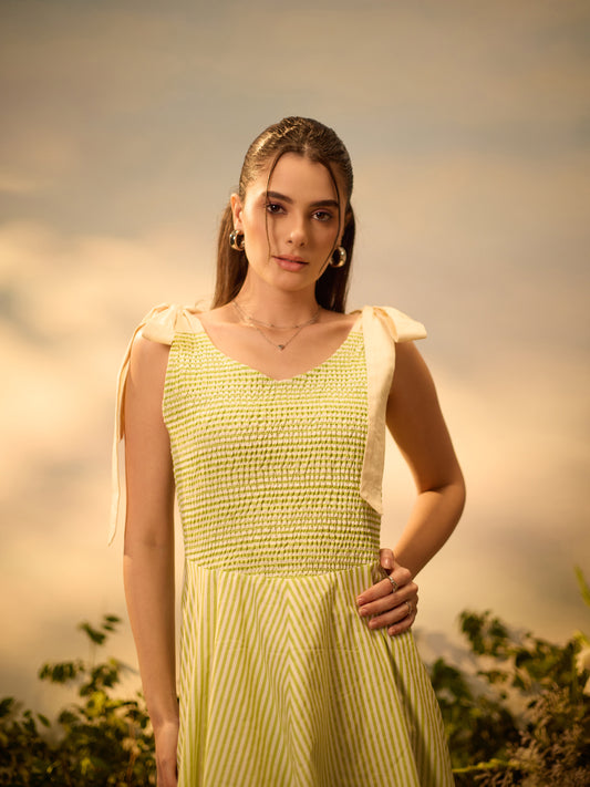Lime Blossom Tie-Up Midi Dress