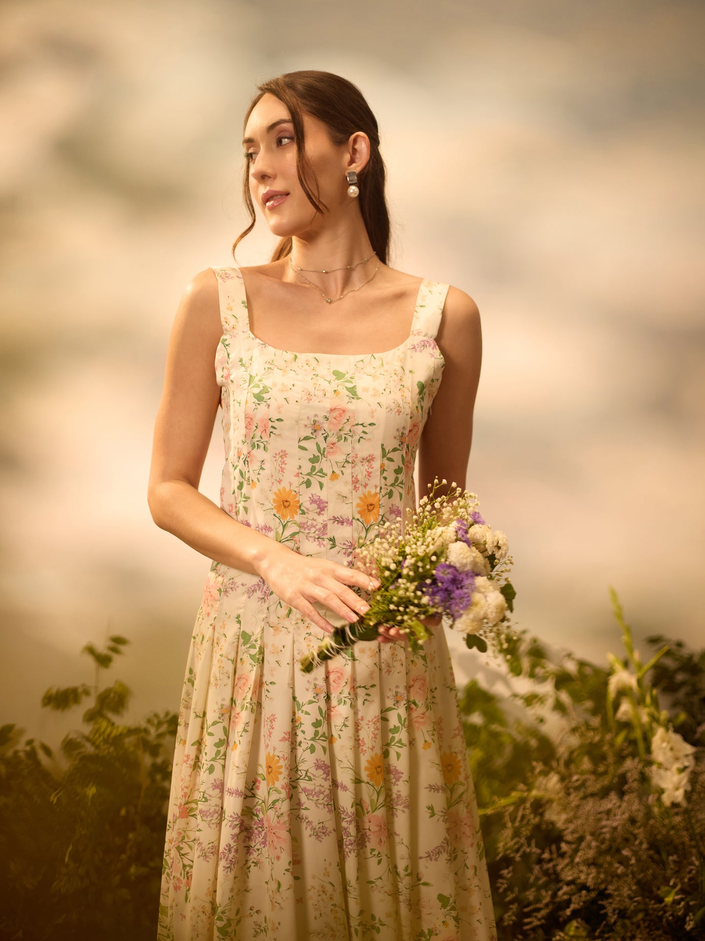 Ivory Floral Print Midi Dress