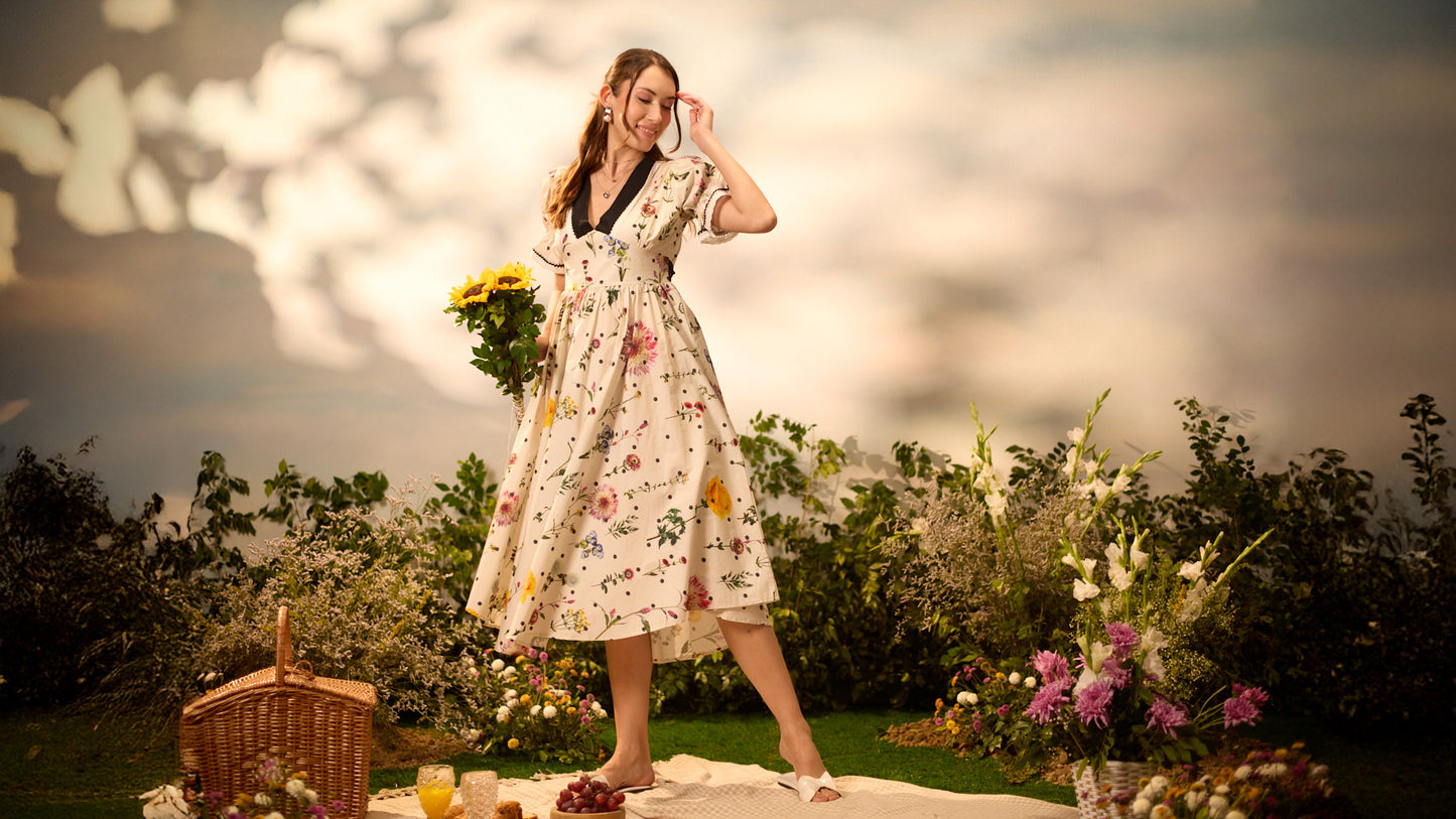 Pearl Garden bow-tie cotton maxi dress