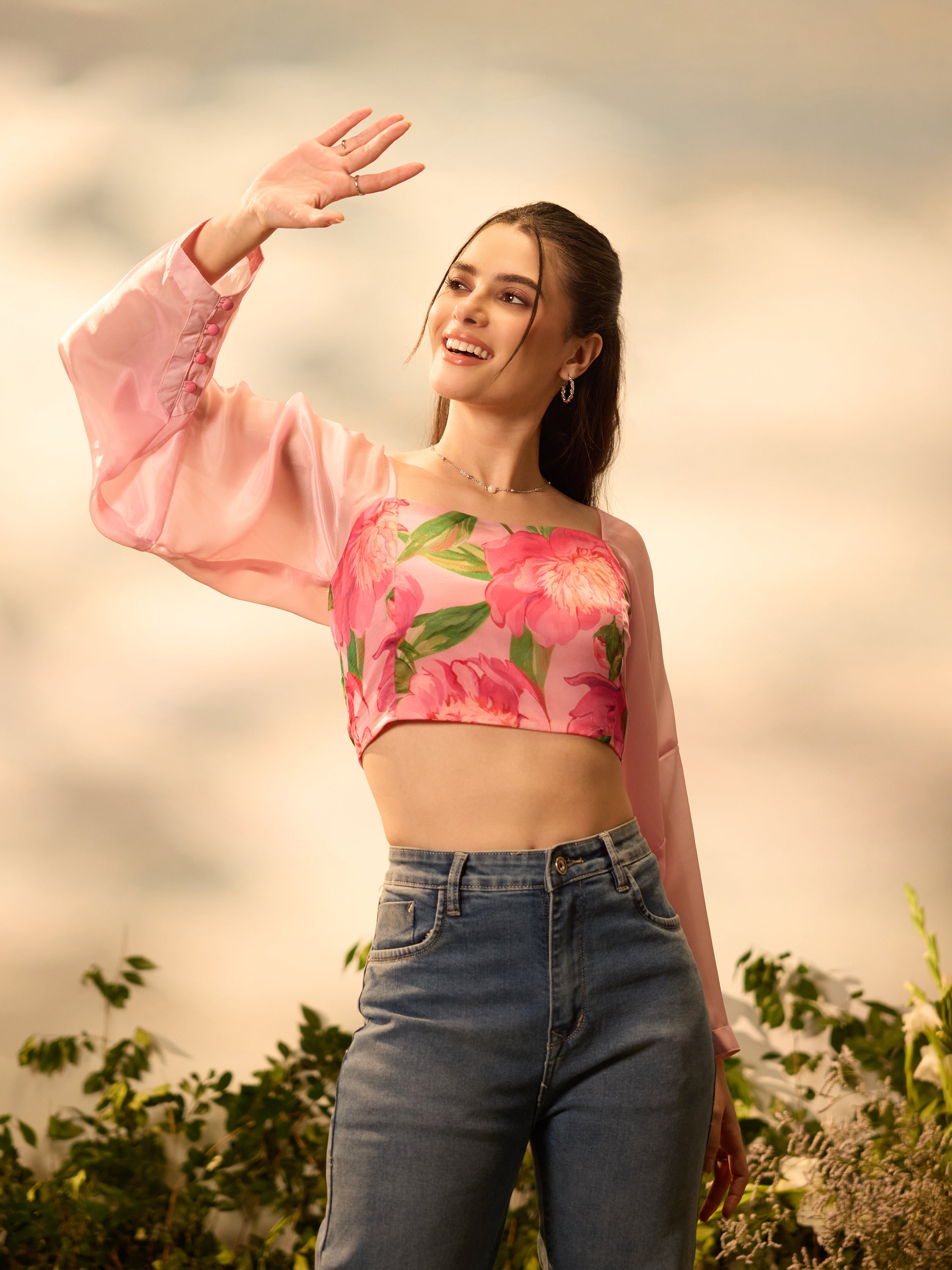 Peony Whisper Tie-Back Crop Top