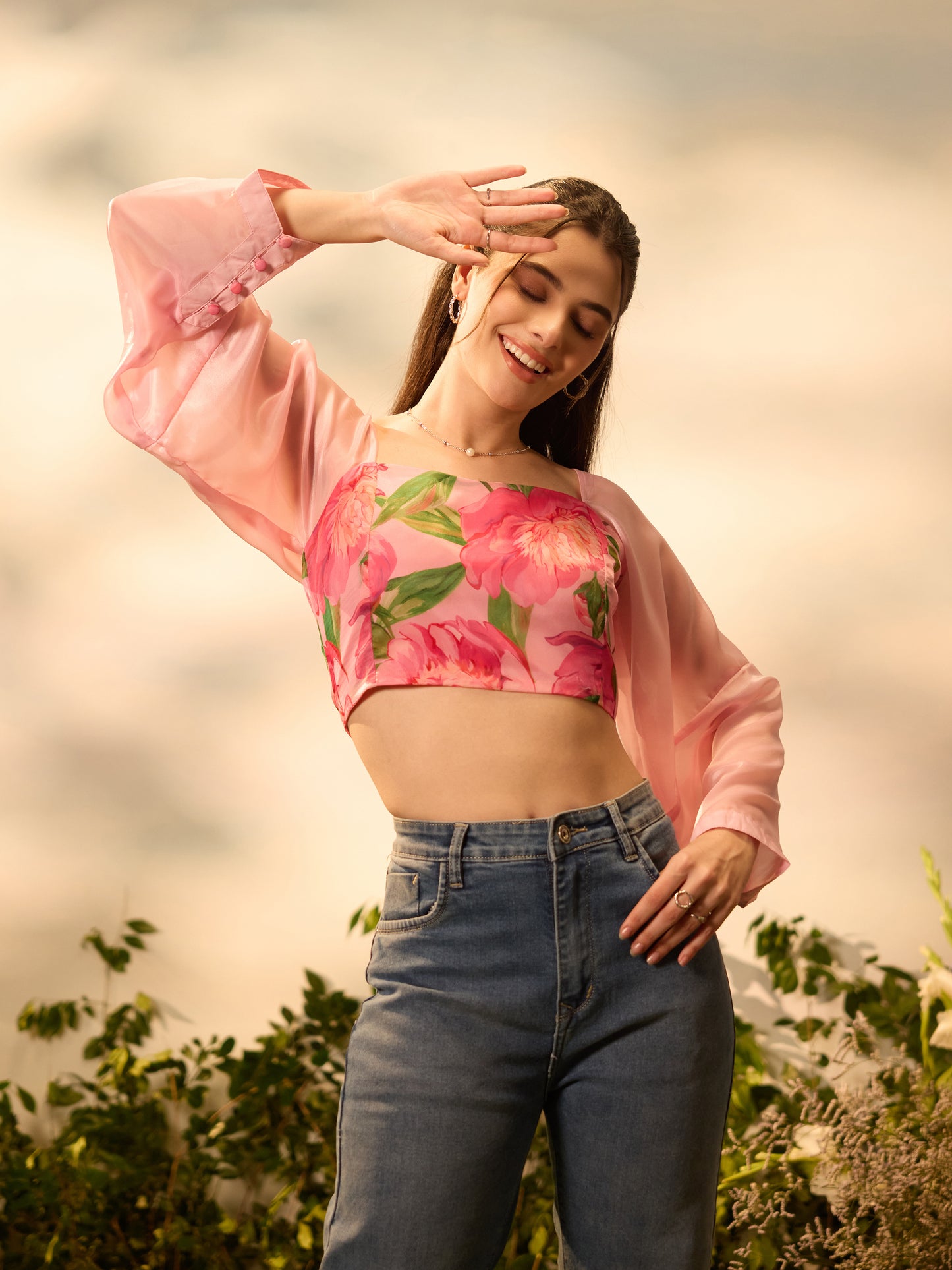 Peony Whisper Tie-Back Crop Top