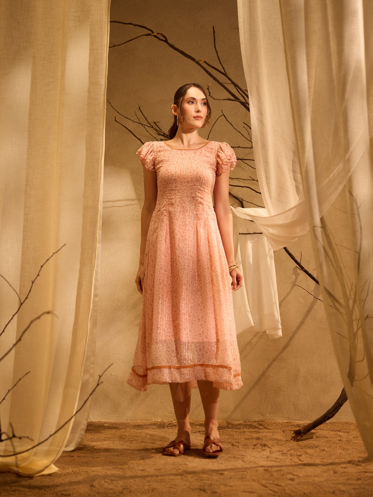 Peach Ruffle Sleeve Lace-Up Dress