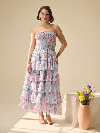 Flower-street strapless layer dress