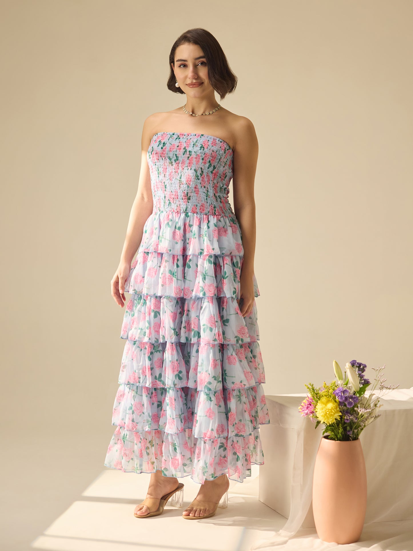 Flower-street strapless layer dress
