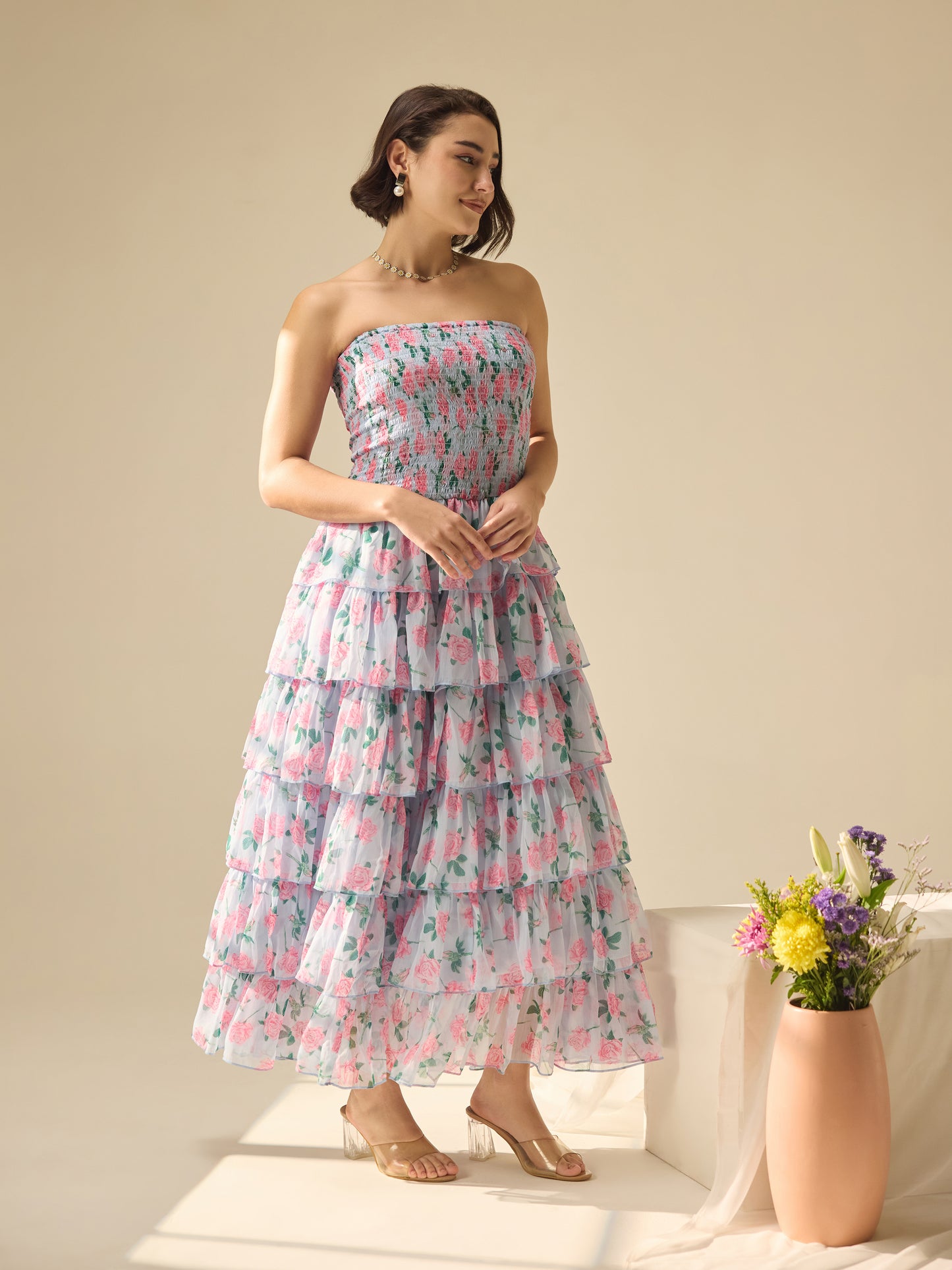 Flower-street strapless layer dress
