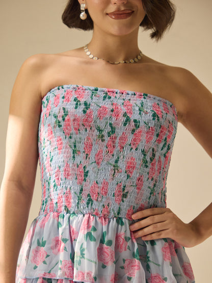 Flower-street strapless layer dress