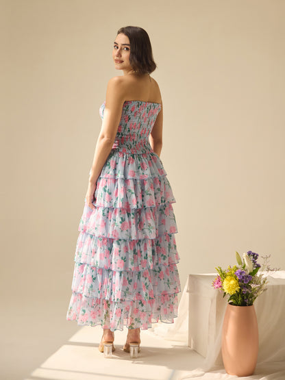 Flower-street strapless layer dress
