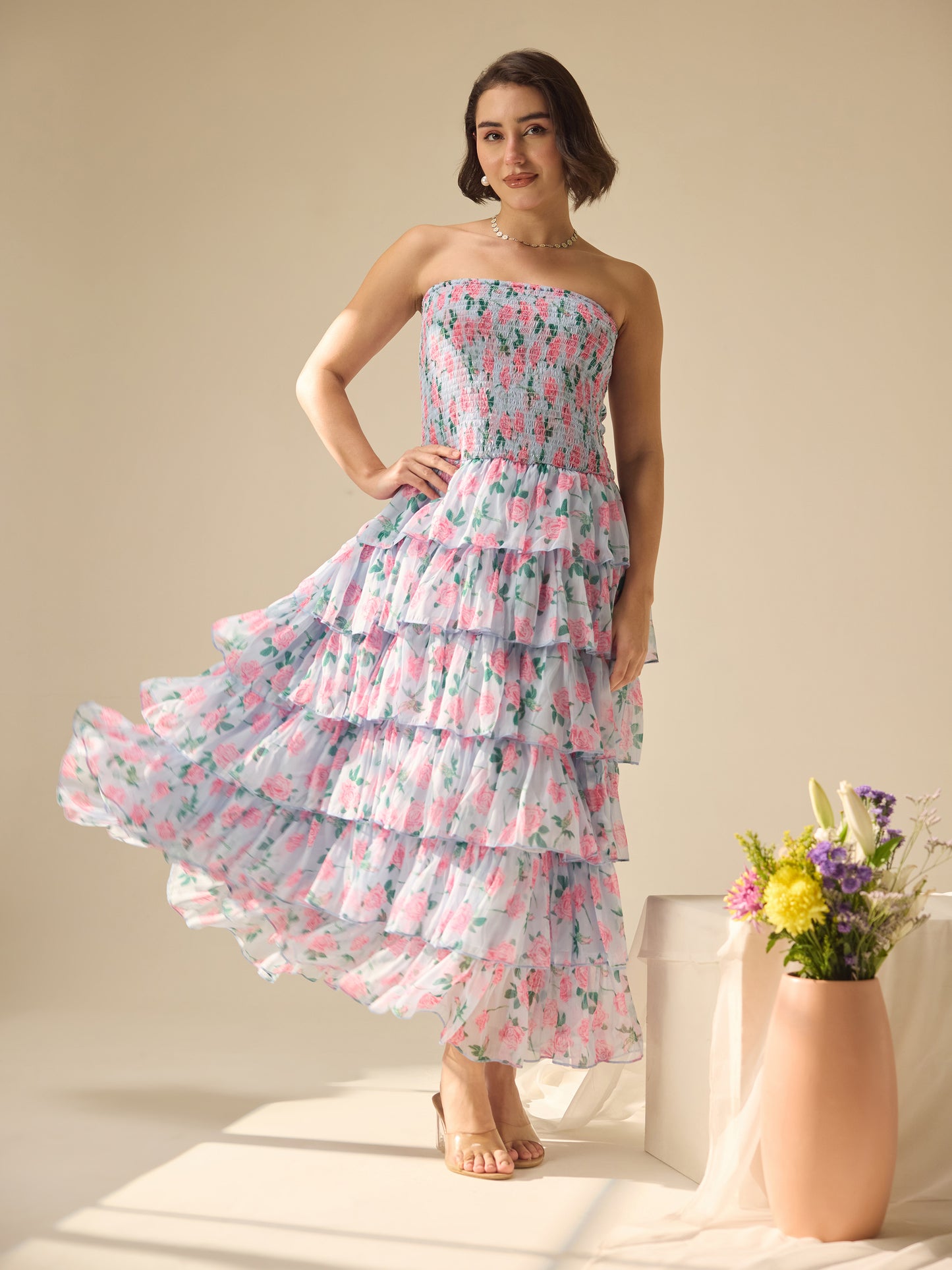 Flower-street strapless layer dress