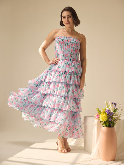Flower-street strapless layer dress