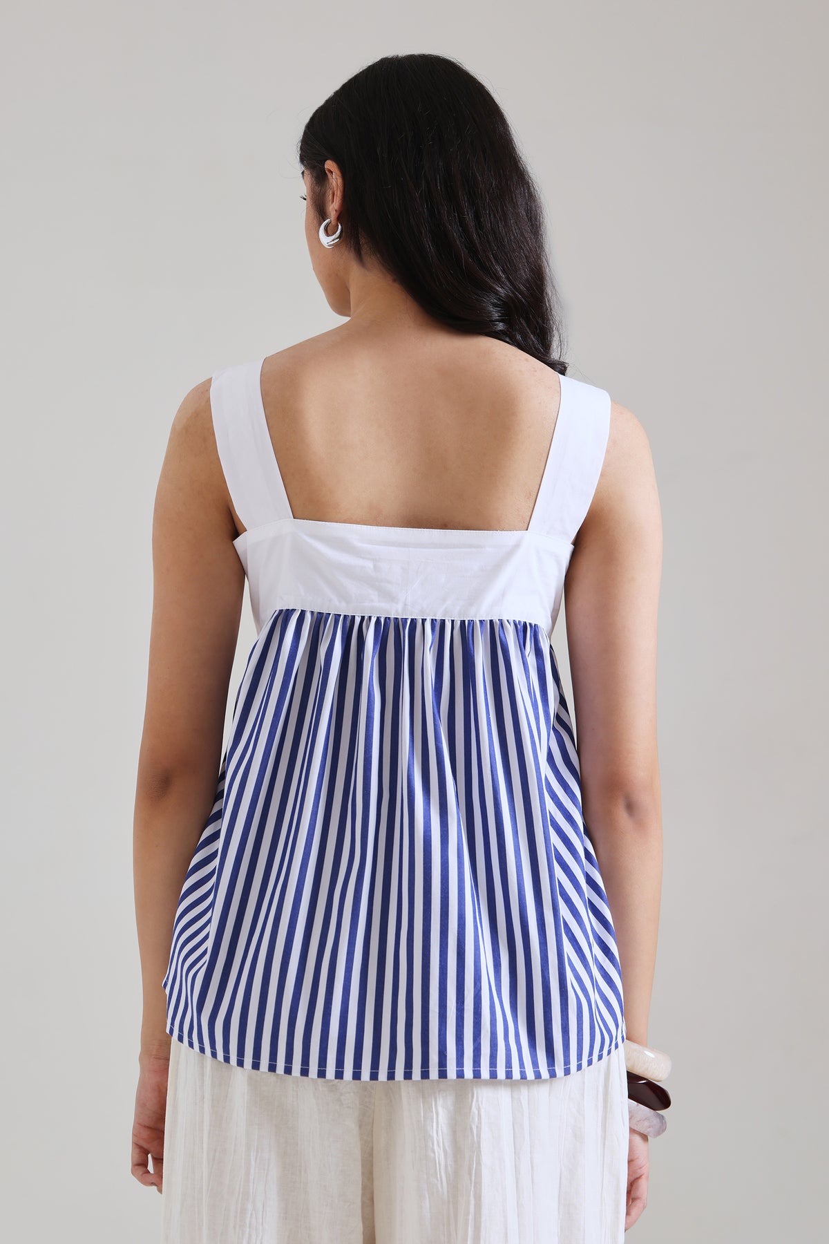 Blue Stripe Cotton Gathered Top