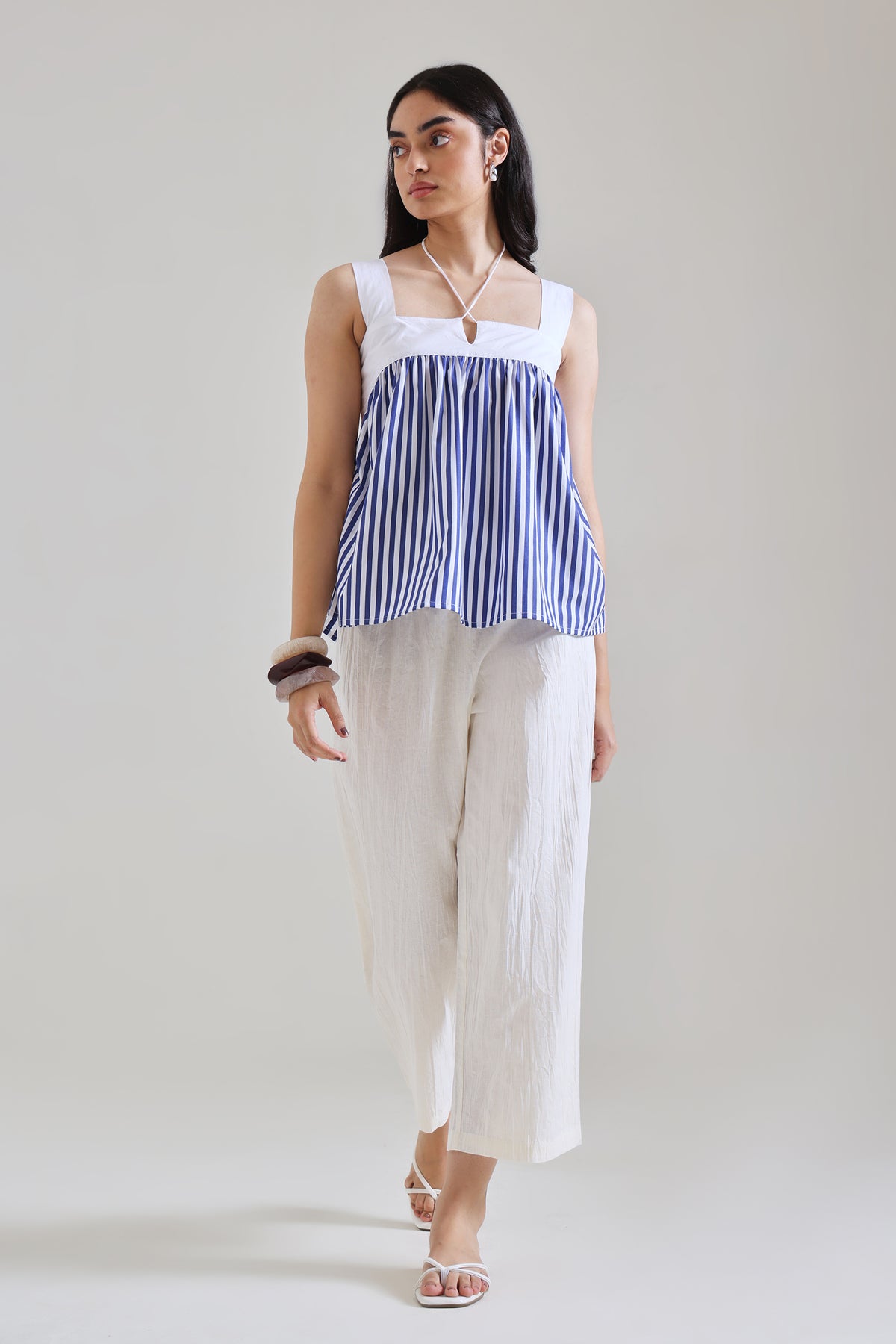 Blue Stripe Cotton Gathered Top