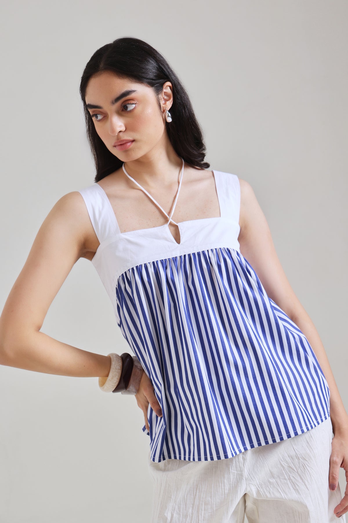 Blue Stripe Cotton Gathered Top