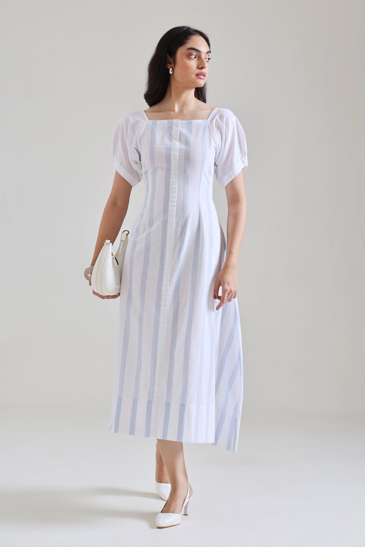 Blue Stripe Puff Sleeve Midi Dress