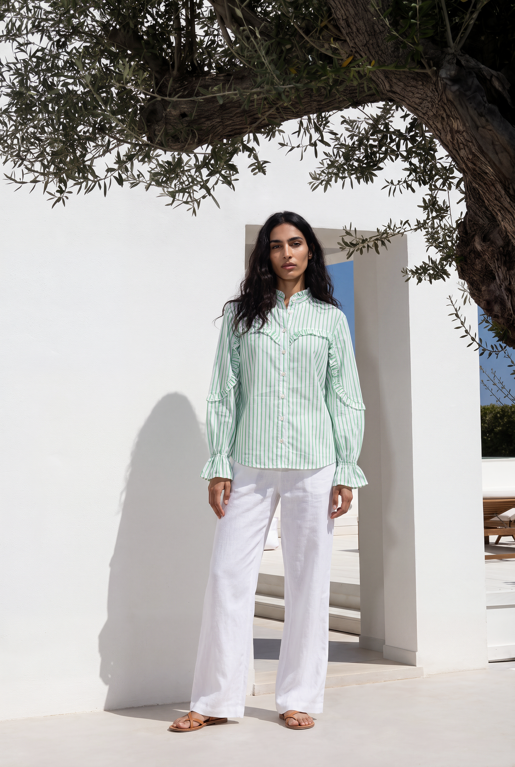 Green Stripe Ruffle Shirt